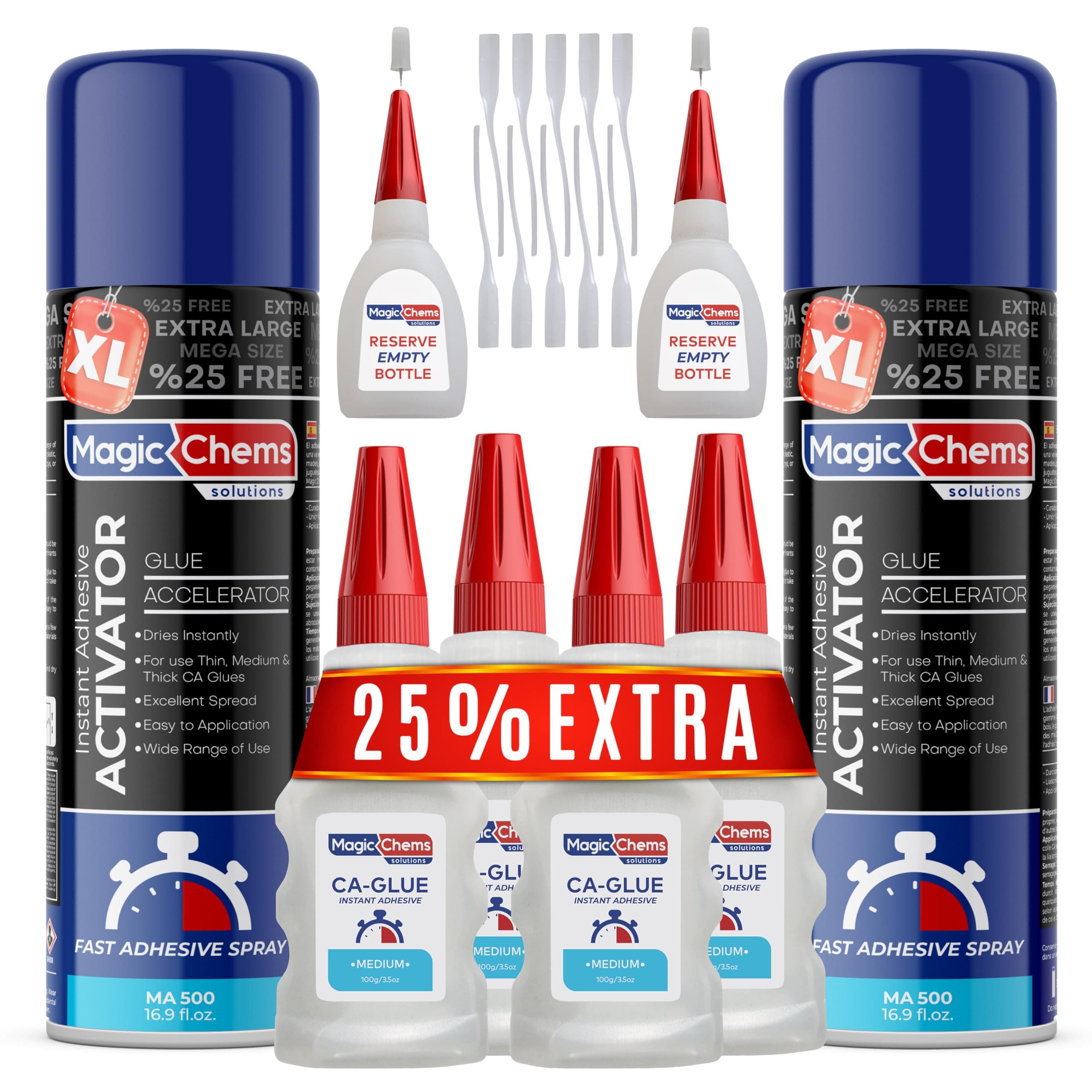 - Magic Chems CA Glue with Activator (4 x 3.5 oz + 2 x 16.9 fl oz), Cyanoacrylate Glue and Activator, Super Glue withActivator, CAGlue and Accelerator (2 Pack)