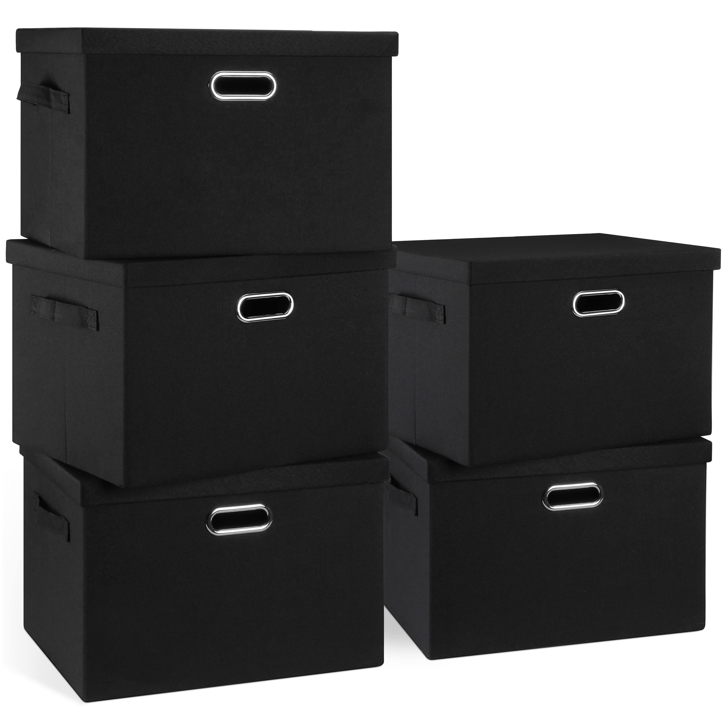 Large 17" 36 Quart Collapsible Stackable Storage Bins with Lids, 5 Packs Black Linen Fabric Closet Boxes with Lids, Storage Cube Baskets Container Organizers for Bedroom Office(17 x12 x11)