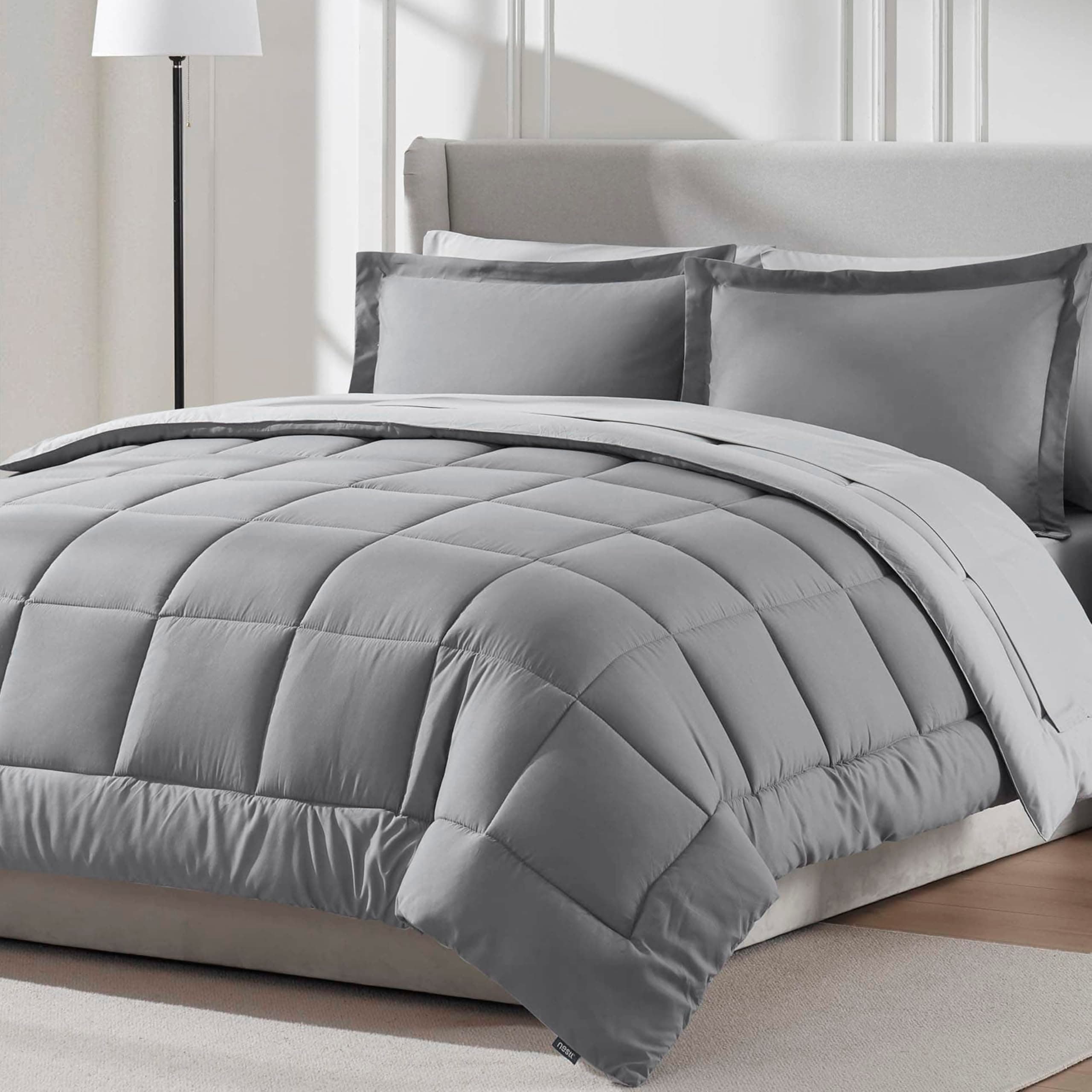 Nestl Queen Comforter Set 7 Piece - Reversible Comforters Queen Size Grey, Bed in a Bag Queen All Season, Queen Size Comforter Sets Bedding with Flat Sheet and Fitted Sheet, Pillowcases and Shams