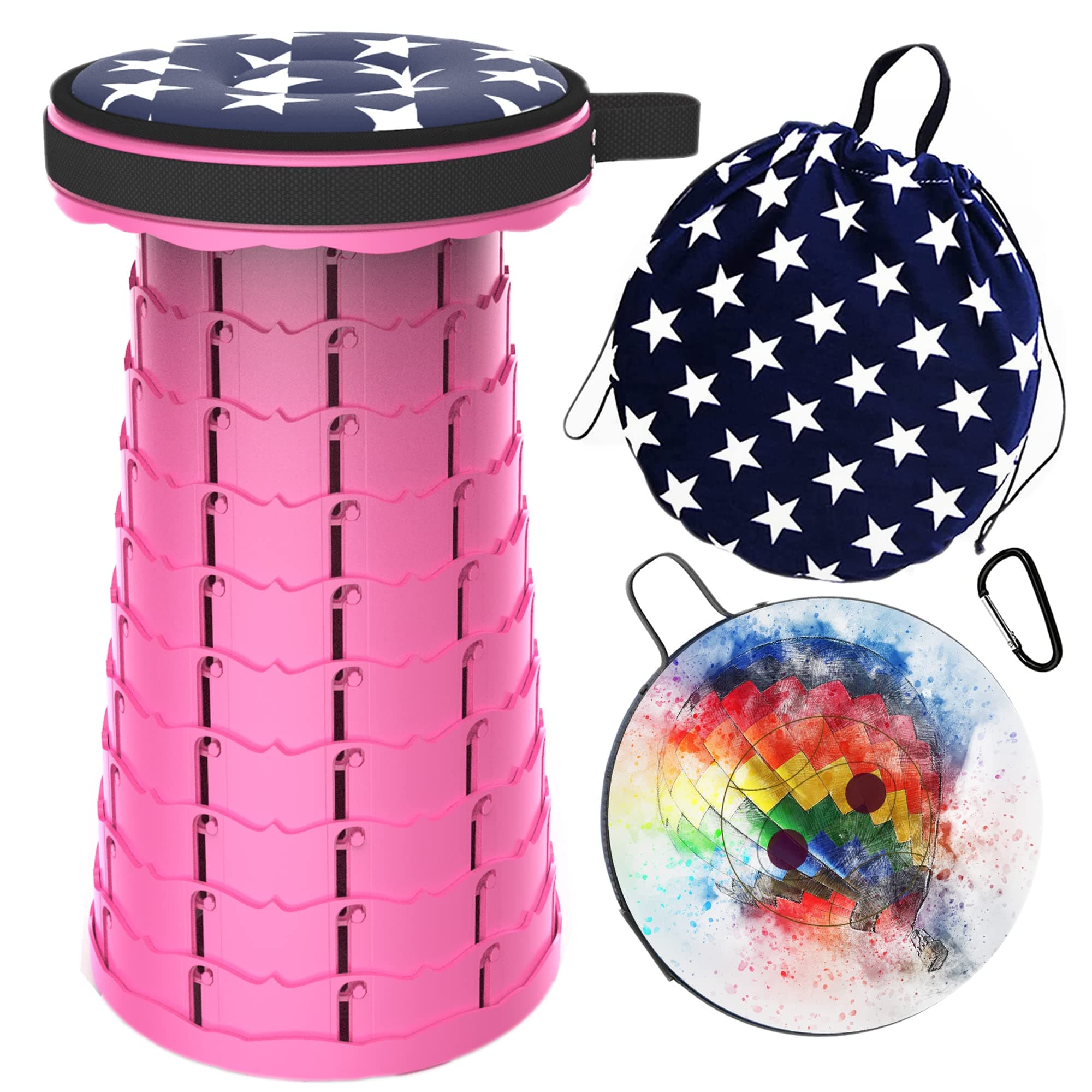 ALEVMOOMUpgraded Telescoping Collapsible Stool with Cushion, Folding Stool with Printing Portable Retractable Foldable Seat Max Load 550lbs for Adults Camping Fishing Outdoor