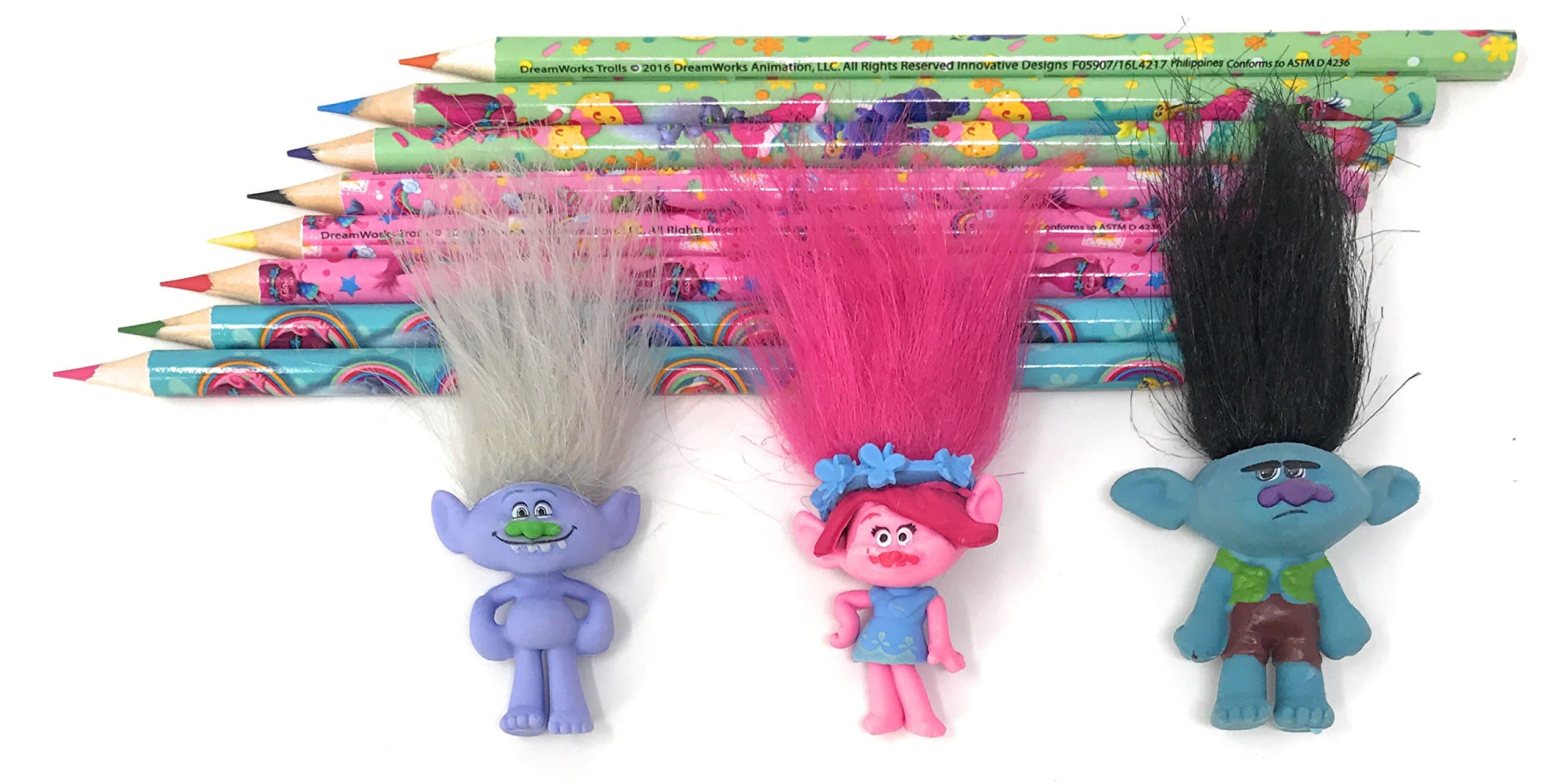 Trolls School Bundle of (3) 2 Erasers and (1) Package of 8 Colored Pencils - Poppy, Branch and Guy Diamond Troll Eraser