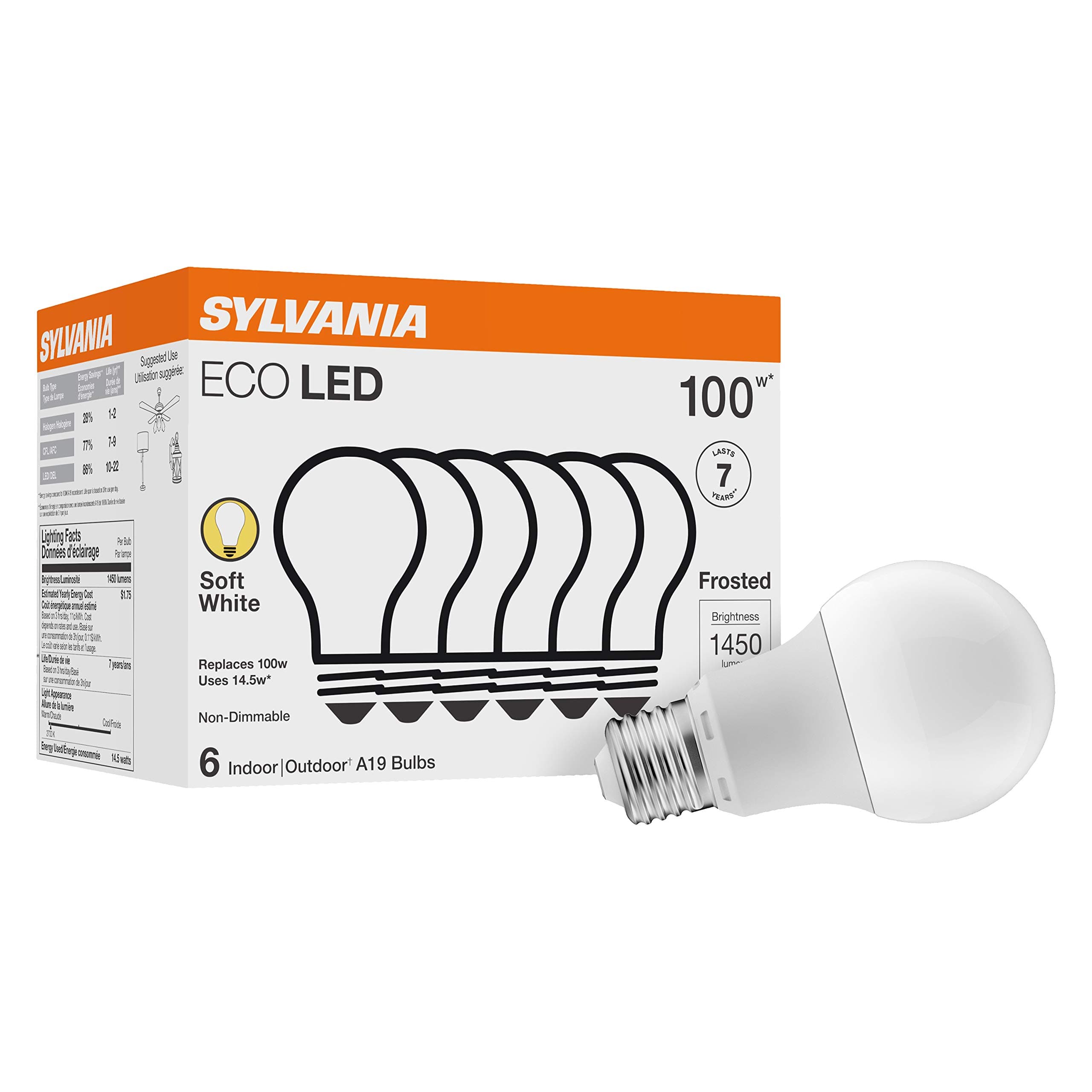 Sylvania LED A19 100W Equivalent, Efficient 14.5W, Soft White Color Temperature 2700K, 6 Pack