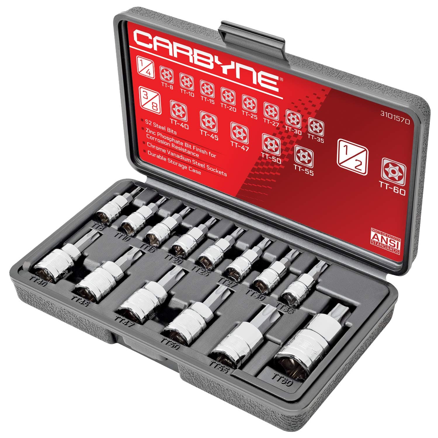 - CARBYNE 14-Piece Tamper-Resistant Torx Bit Socket Set, TT8 to TT60 Sizes, S2 Steel Bits, Cr-V Sockets, Durable Case | 1/4, 3/8, & 1/2 in. Drive • From a Family-Run Tool Company Based in the U.S.A.