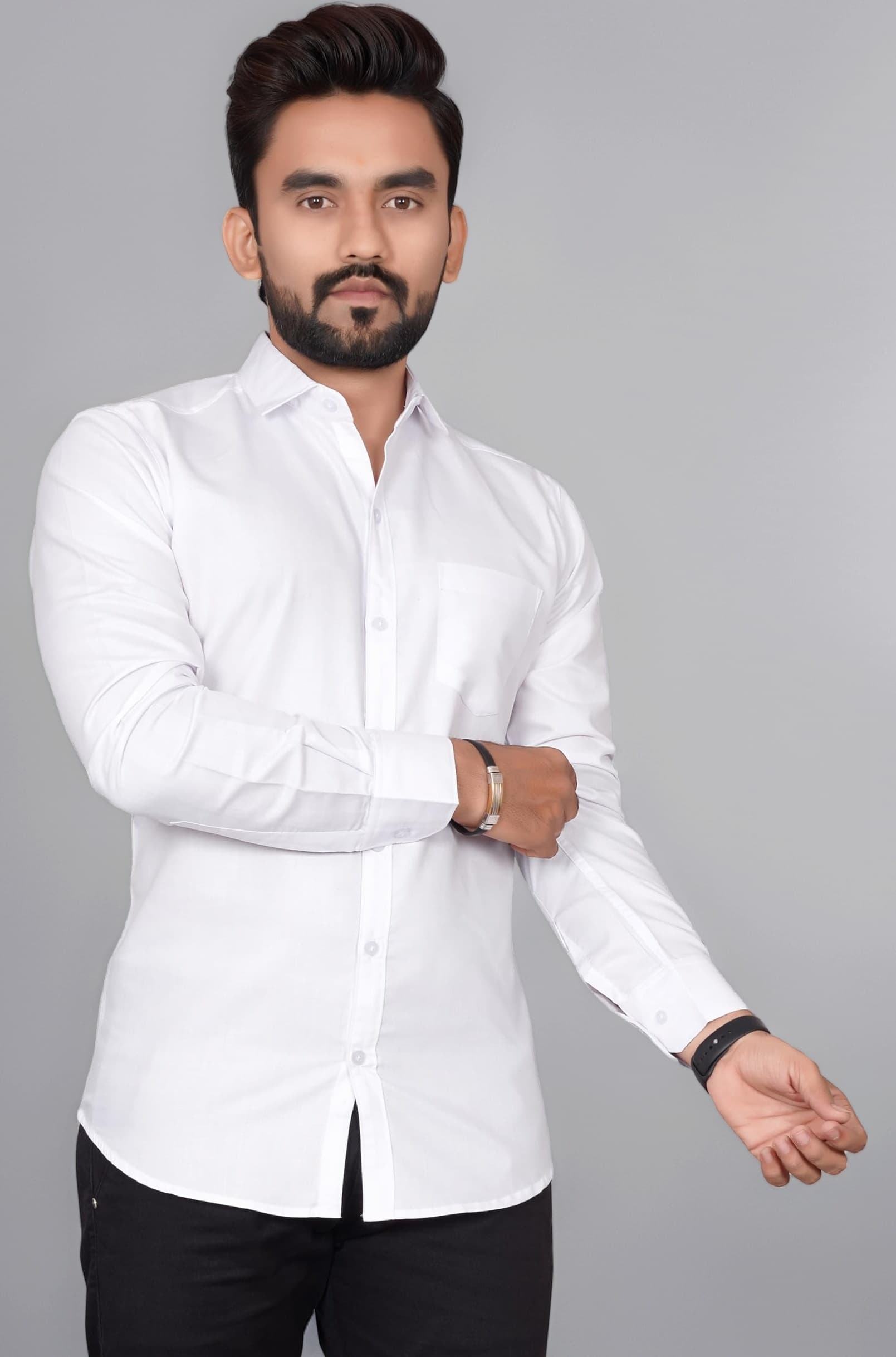 Men's Cotton Blend Solid Shirt with Spread Collared Full Sleeve Button Closure Curved Hem Straight Length and One Pocket