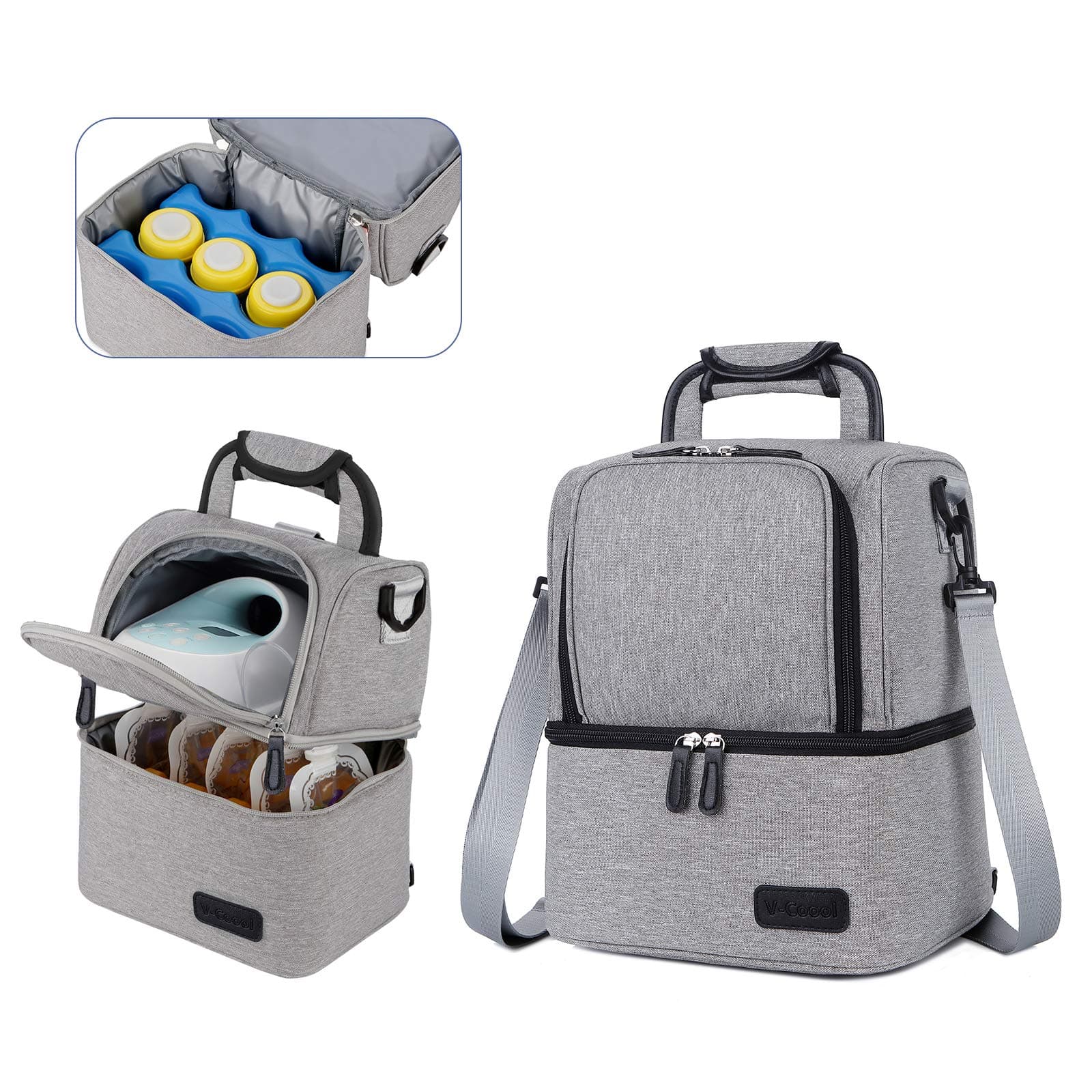 V-COOOL Breast Pump Backpack, Cooler Bag and Moistureproof Lunch Bag Double Layer for Work Moms(Gray)