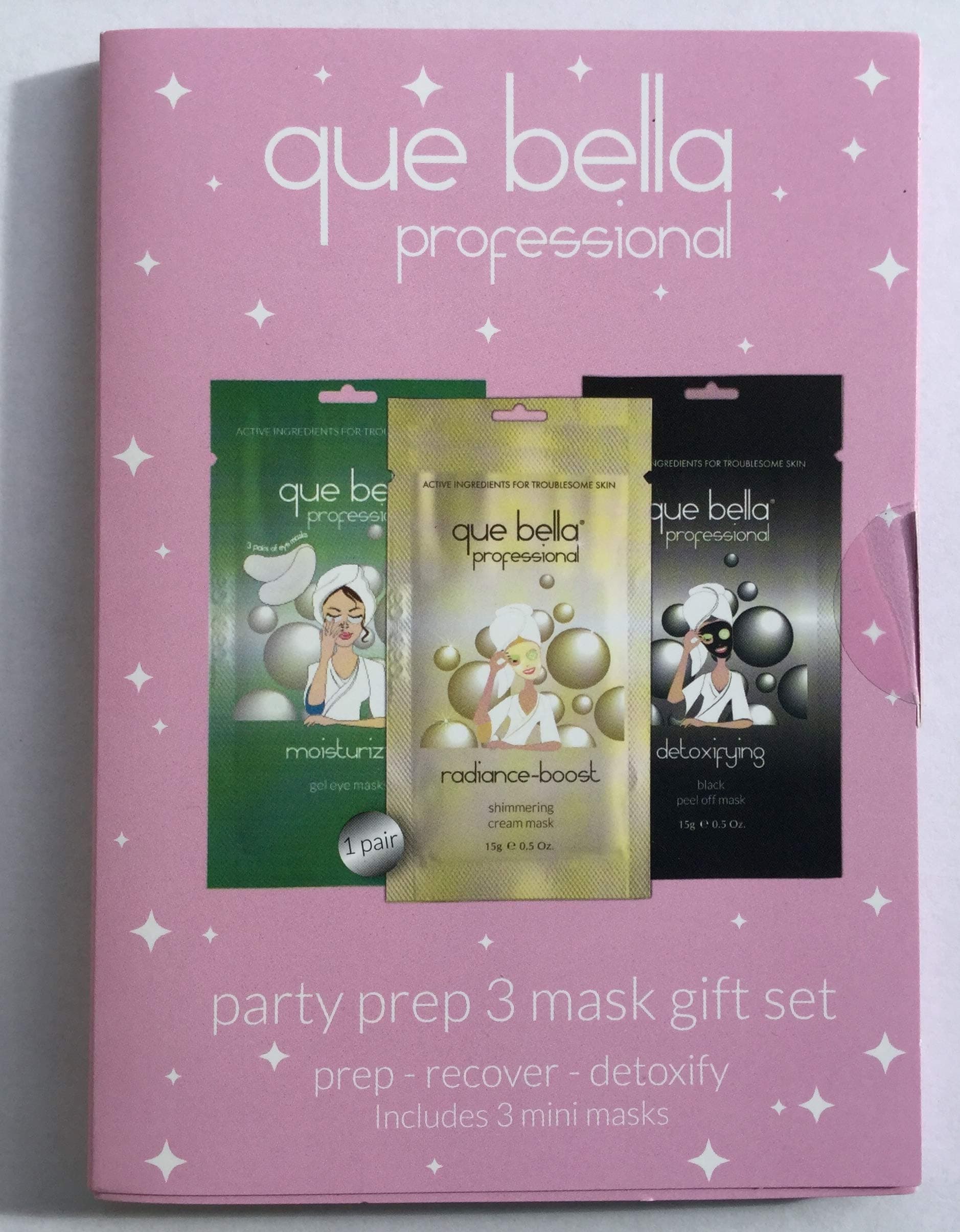 Que Bella Party Prep 3 Mask Gift Set including Moisturizing eye masks, detoxifying peel off mask and radiance boost shimmering cream mask