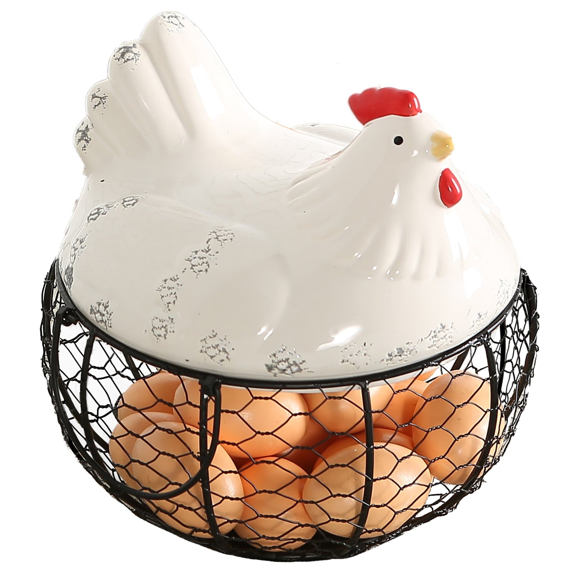 Black Metal Mesh Wire Egg Storage Basket with White Ceramic Farm Chicken Top and Handles