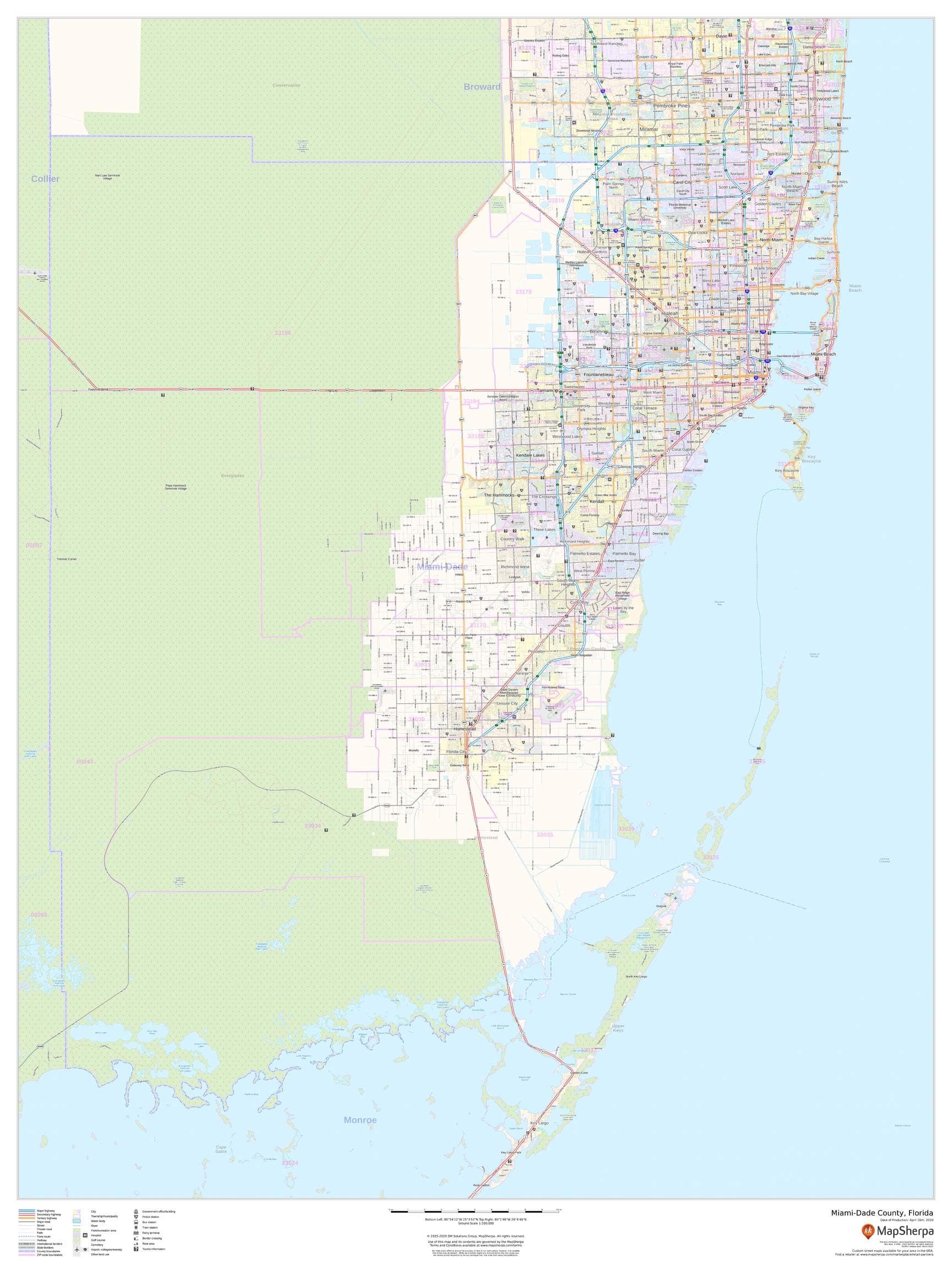 Miami-Dade County, Florida - 36" x 48" Laminated Wall Map