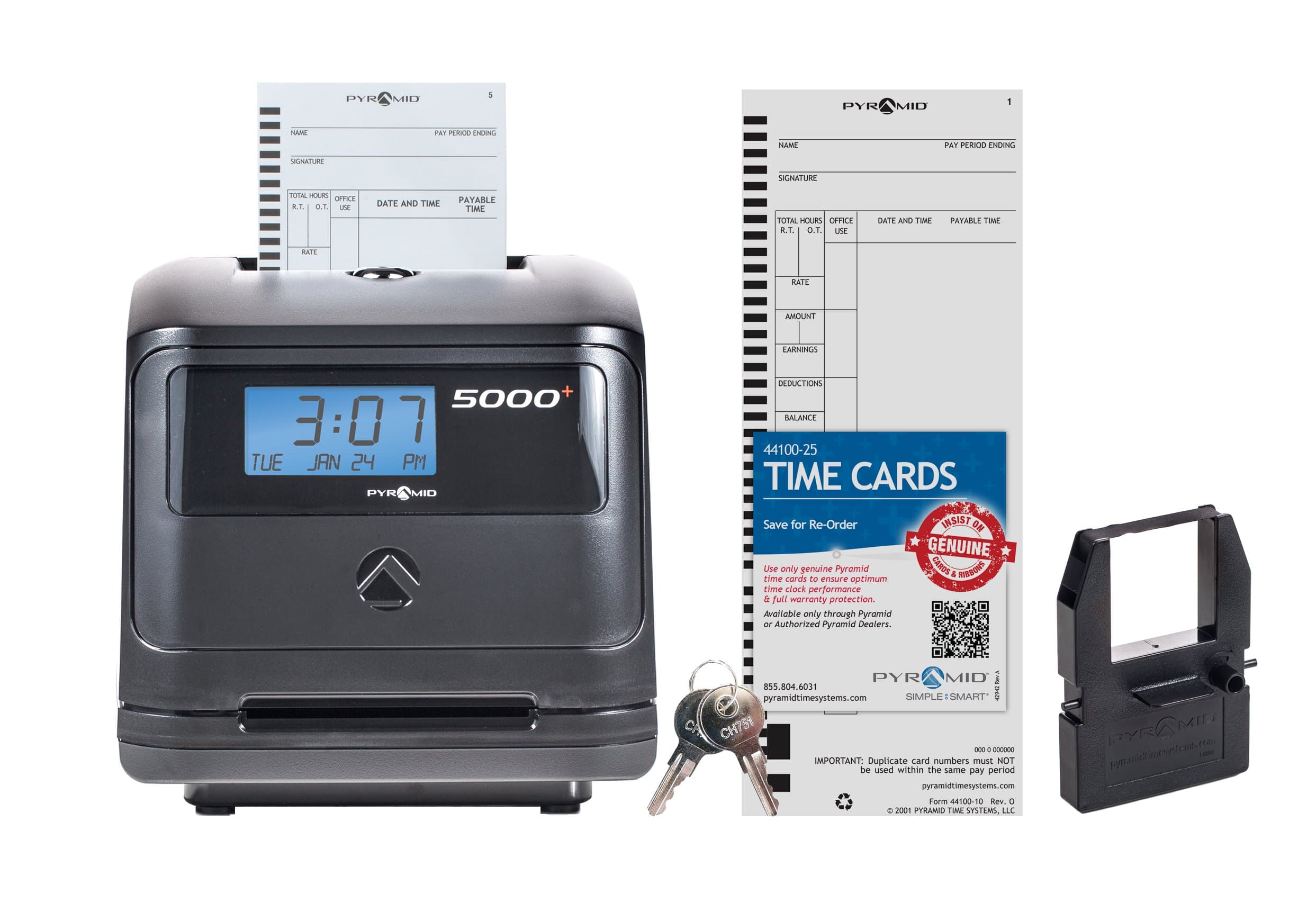 Pyramid Time Systems - Model 5000 Auto Totaling Time Clock, Employee in/Out Time Tracker for Small Business, Includes: 25 Time Cards,1 Ink Ribbon Cartridge, 2 Security Keys and User Guide - Black