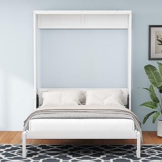 SOFTSEA Full Size Horizontal Murphy Bed with Desk, 61.5 inch Foldable Murphy Bed Full with Storage for Guest Room, Wood Wall Bed Frame with Storage, White