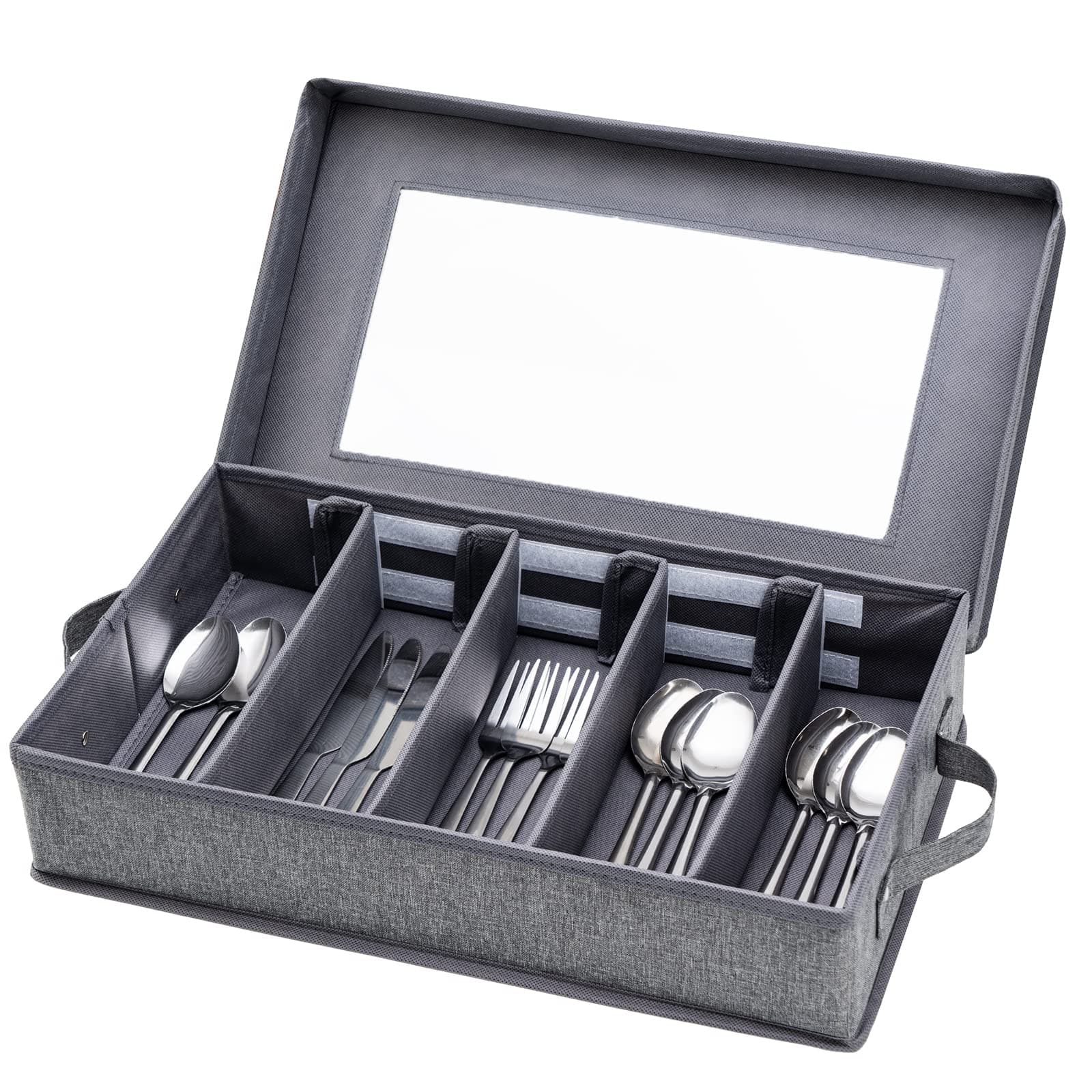 Silverware Storage Box Chest, Flatware Storage Case, Utensil Holder with Removable Lid and Adjustable Dividers for Organizing Utensils, Cutlery, Flatware, Knives, Large Capacity Gray