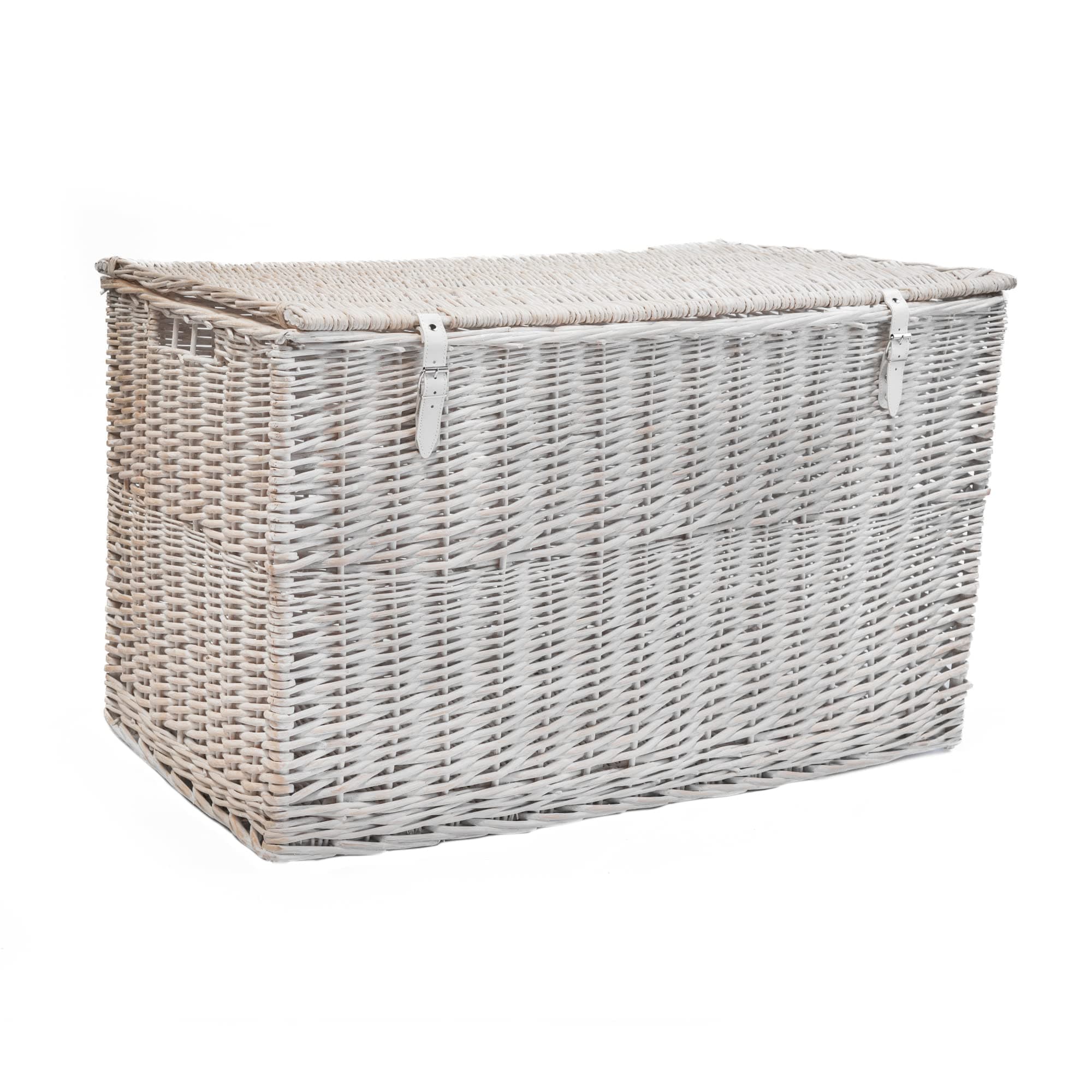 Arthur Cameron - Lightweight Wicker Storage Trunk, Storage Box with Lid & Leather Straps - Woven Chest, Basket, Large Wicker Basket with Lid (White Wash, Large)