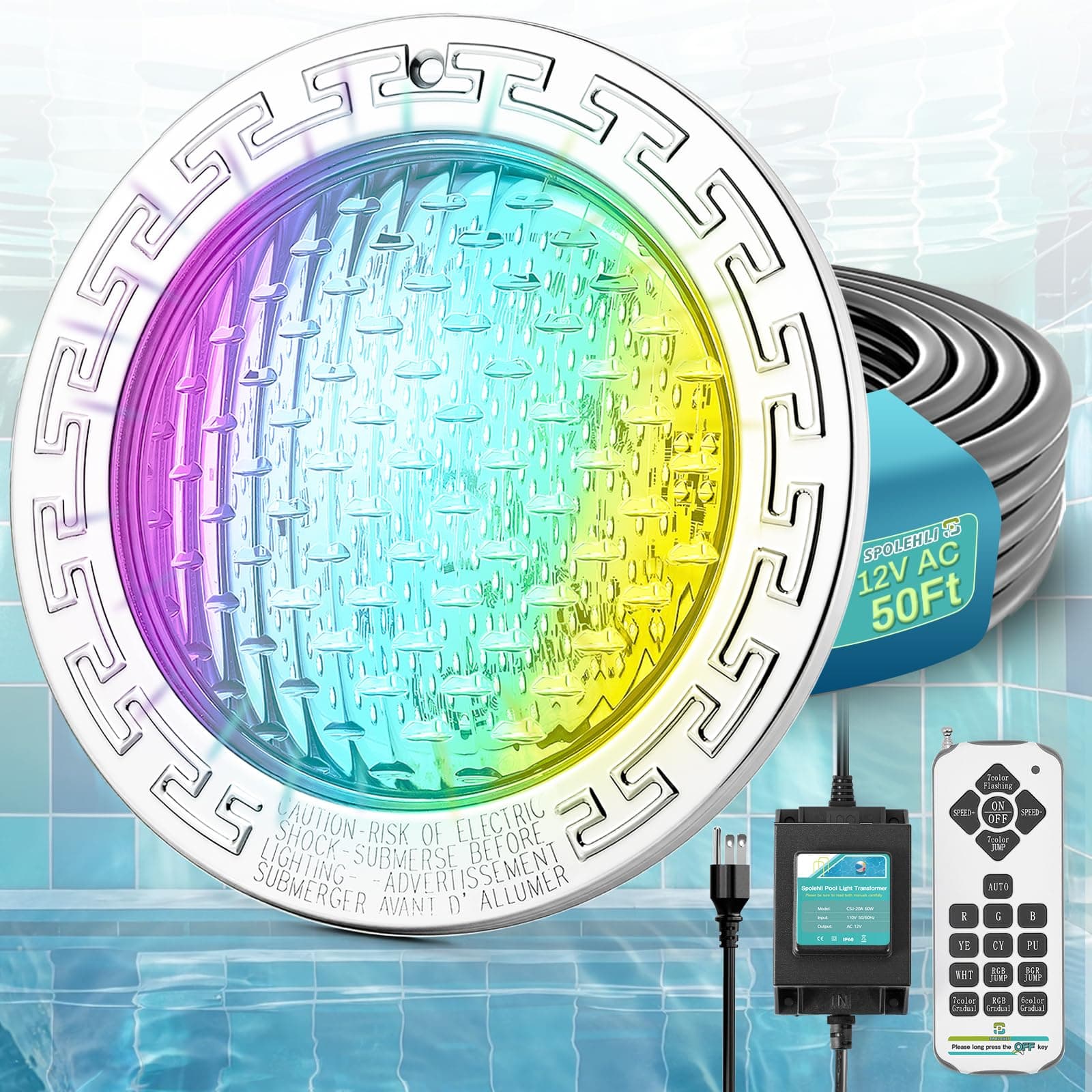 10" LED Pool Light, 12V AC Underwater Pool Spa Lights for Inground Pools, 300W Equivalent, Static Colors & Dynamic Effects, 50Ft Cord, Remote, Transformer, Fits Pentair, Hayward, Jady Niches