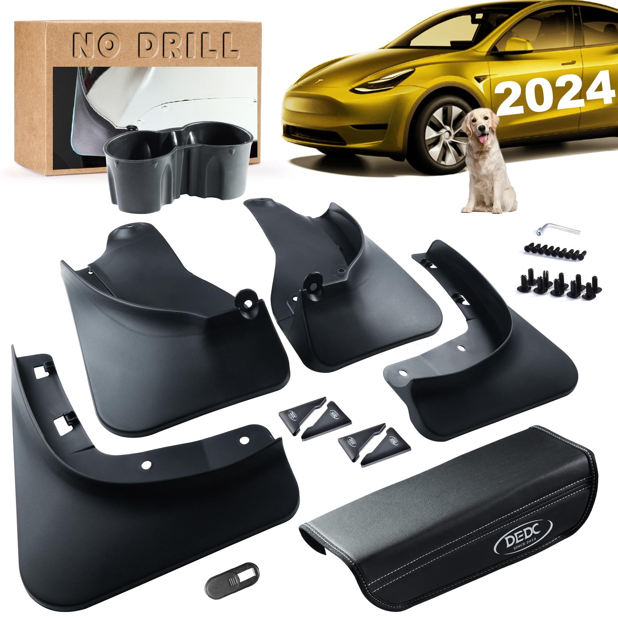 DEDC 11Pcs Tesla Model Y Mud Flaps Splash Guards Accessories 2023/2022/2021/2020/2019(4PCS)[No Drilling][Including Armrest Cover/Webcam Cover/Cup Holder/Anti-Collision Car Door Stickers]
