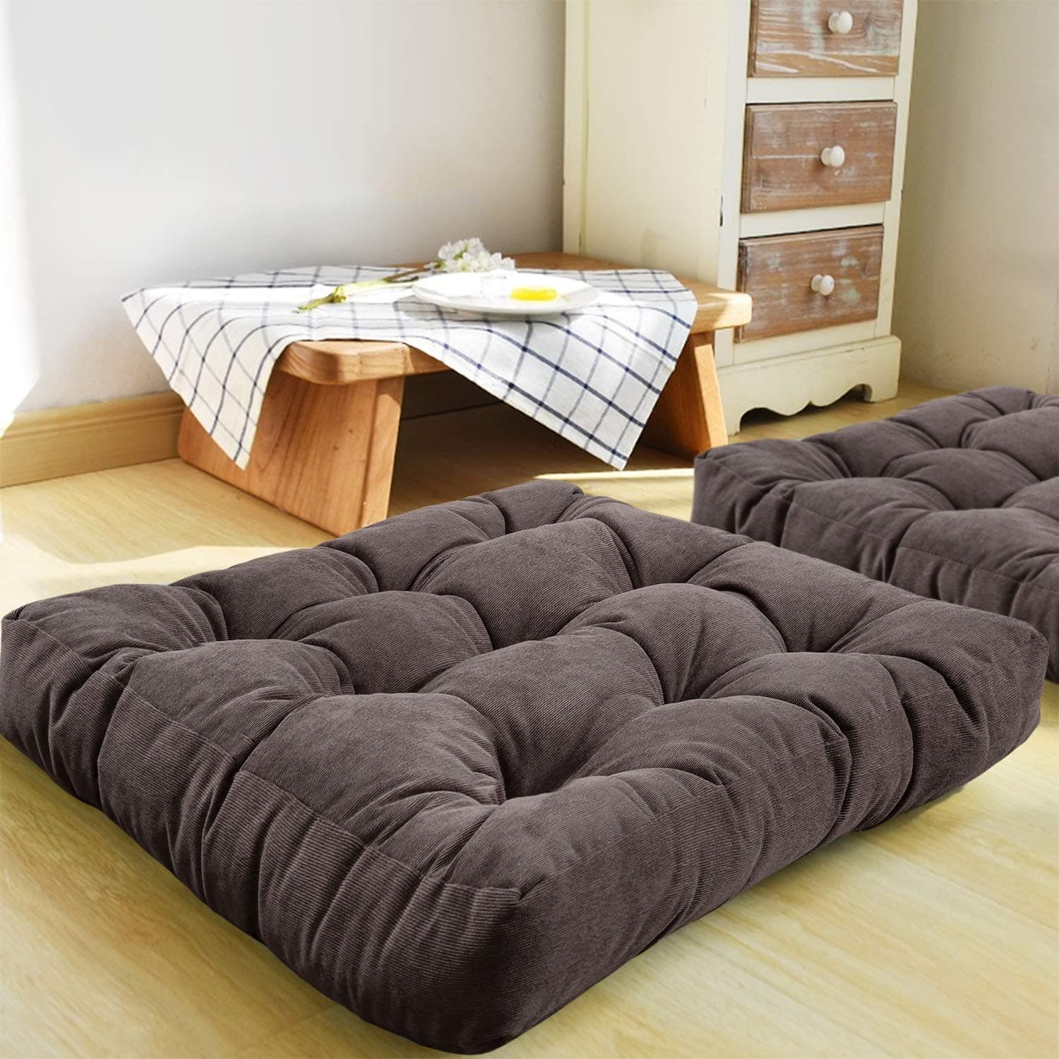 HIGOGOGO Square Meditation Pillow, Large Floor Pillow Solid Thick Tufted Seat Cushion for Balcony Bedroom Tatami Living Room, Dark Grey, 22x22 Inch