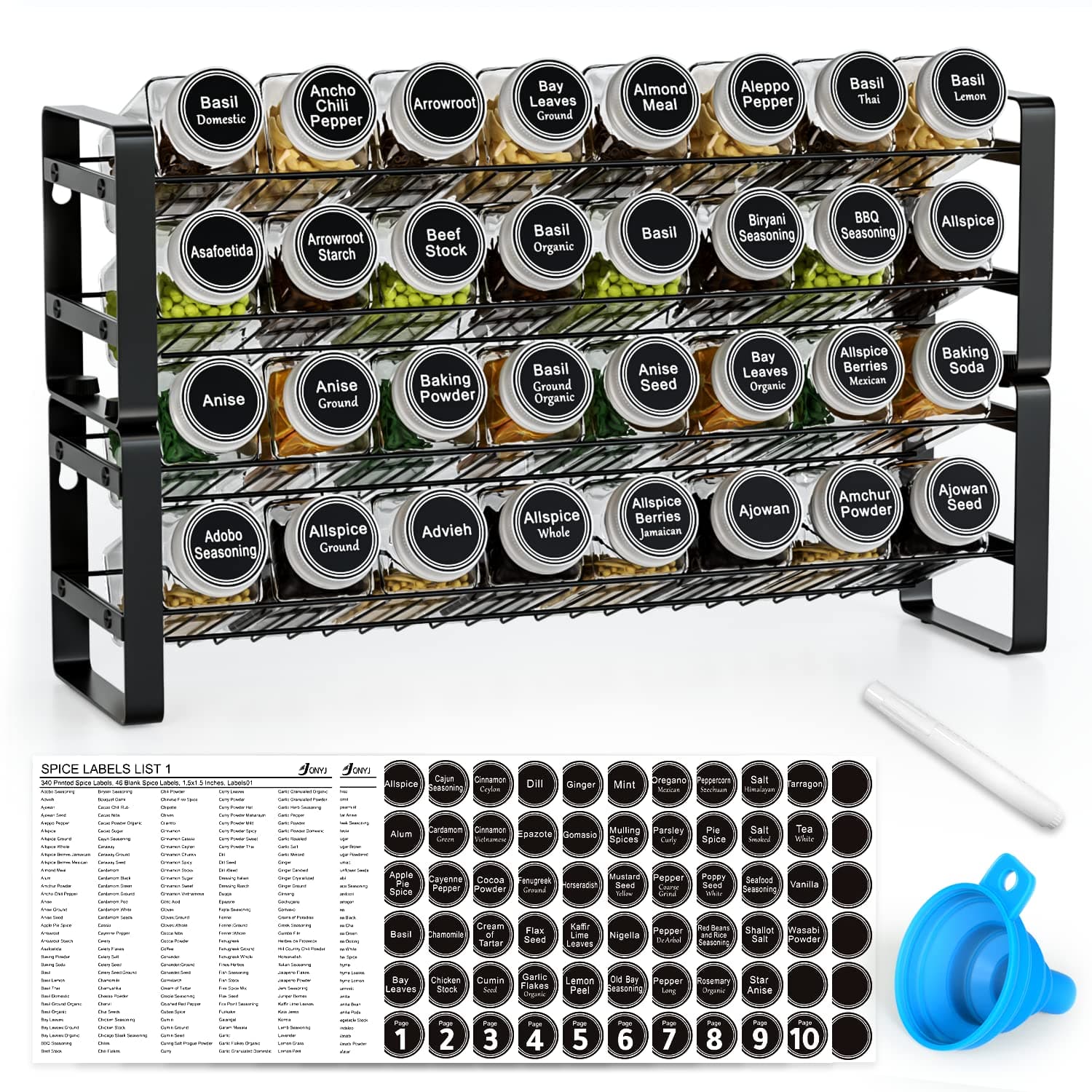 JONYJ Spice Rack Organizer with 32 Empty Square Spice Jars, 396 Spice Labels, Chalk Marker and Funnel Complete Set for Cabinet, Countertop or Wall Mount - 4 Tier