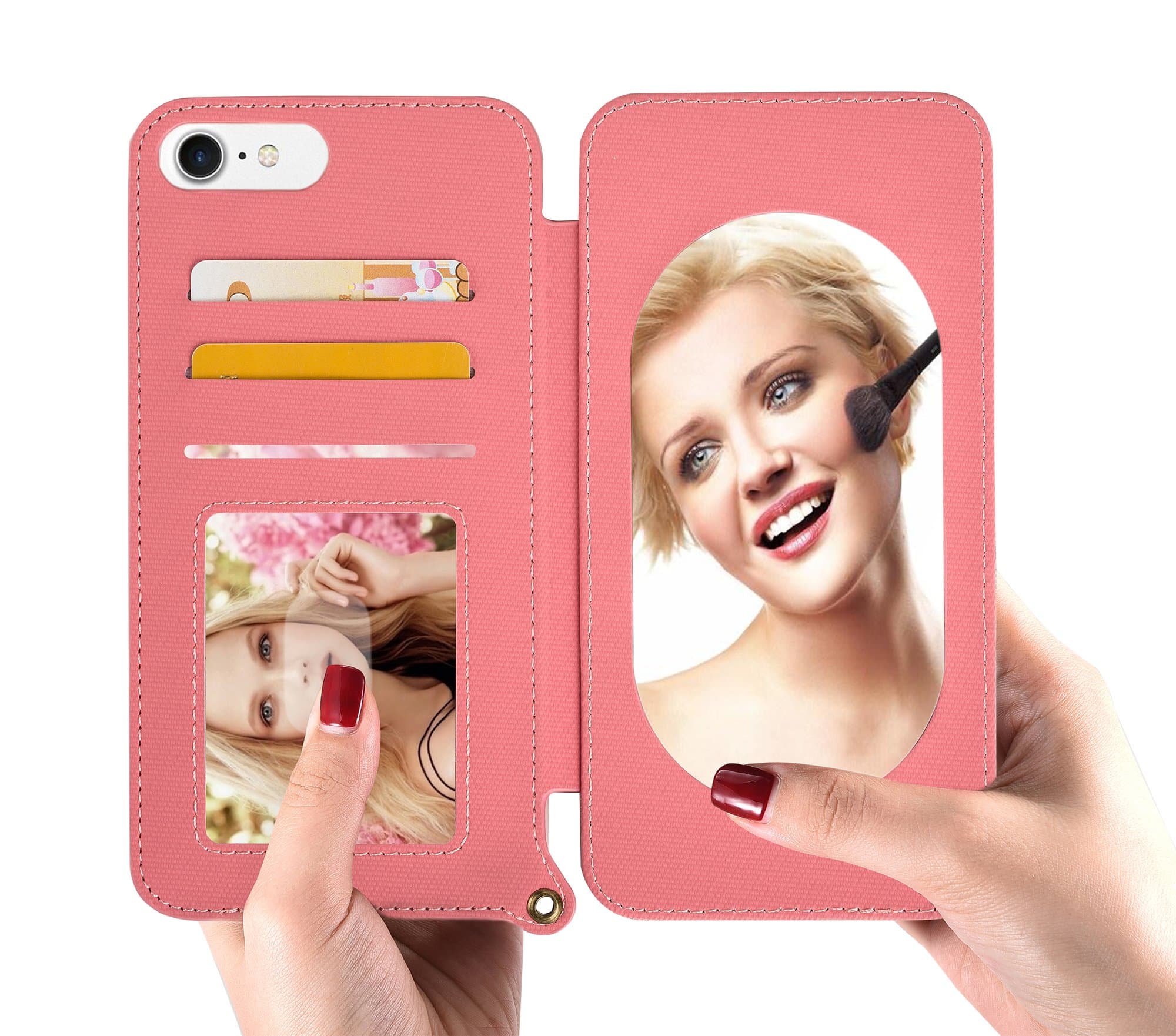 iPhone 7 Case, iPhone 8 Case, AUYOUWEI Wallet Soft TPU Flexible Case with [Card Holder] [Kickstand ] [Mirror Makeup] [Strap] [Magnetic Folio Flip] Shockproof Protective Cover for iPhone 7 8 (Rose Red)