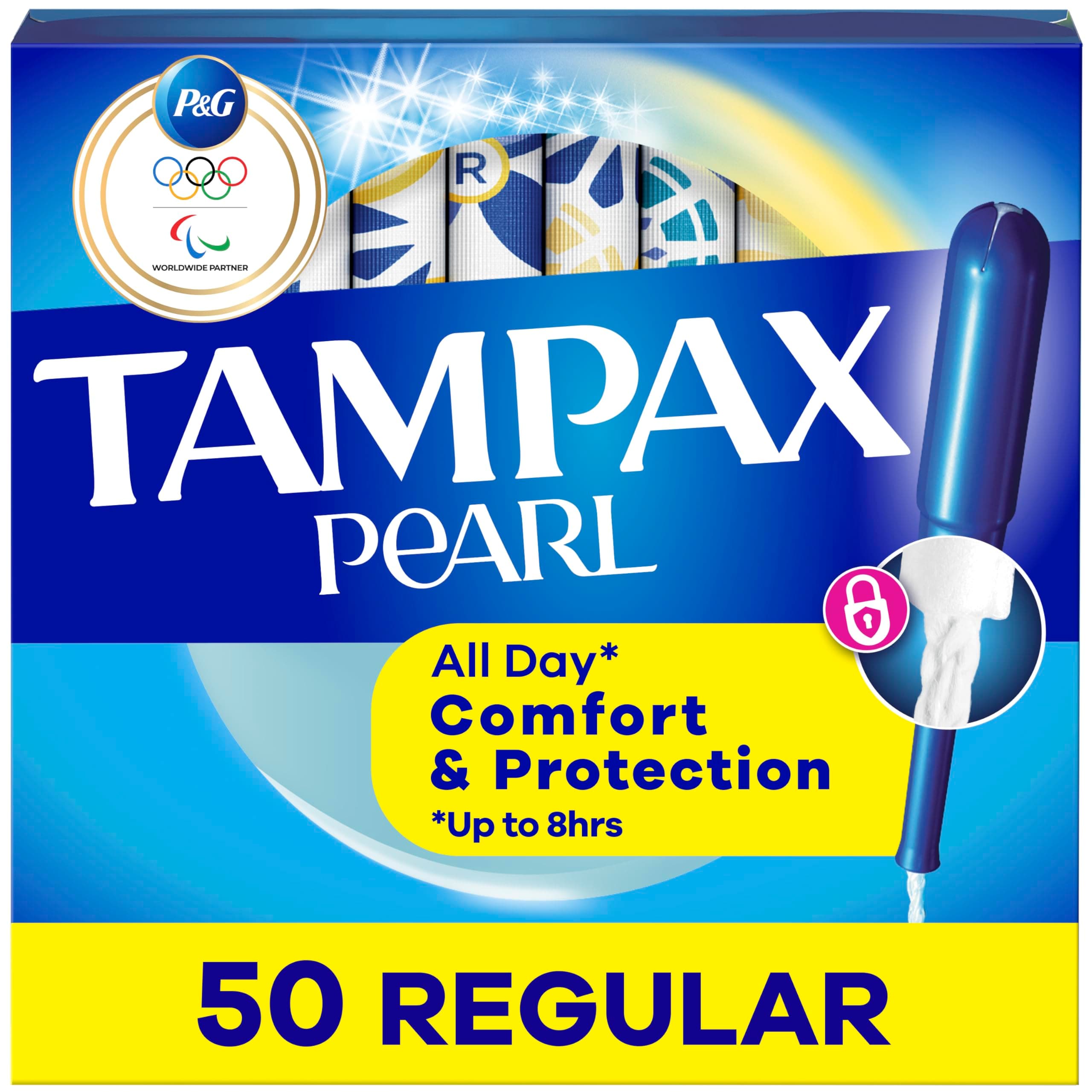 Tampax Pearl Plastic Tampons, Regular Absorbency, Unscented, 50 Count