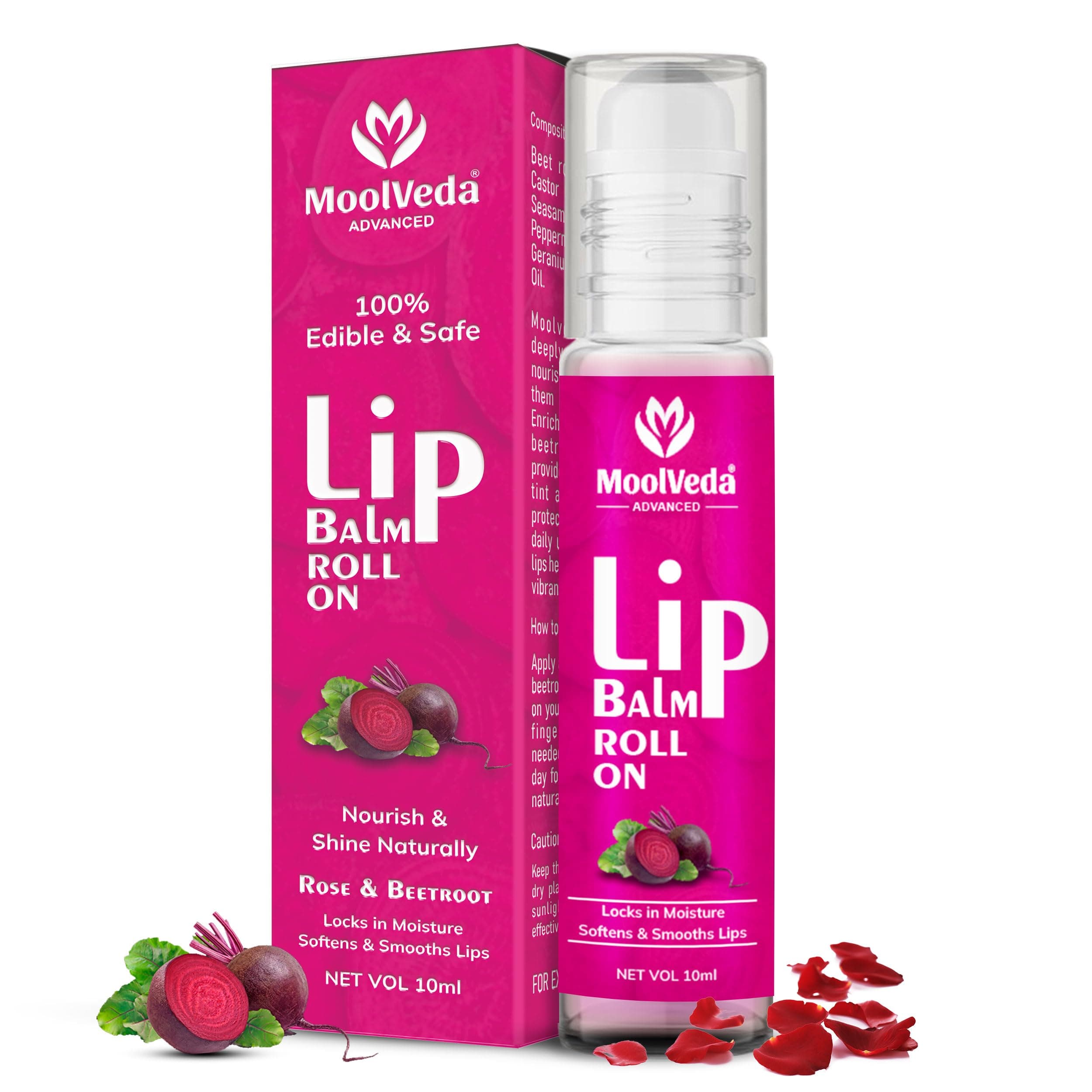 Lip Balm Roll On, Beetroot Flavour, Locks in Moisture, Softens and Smooths Lips, 10ml