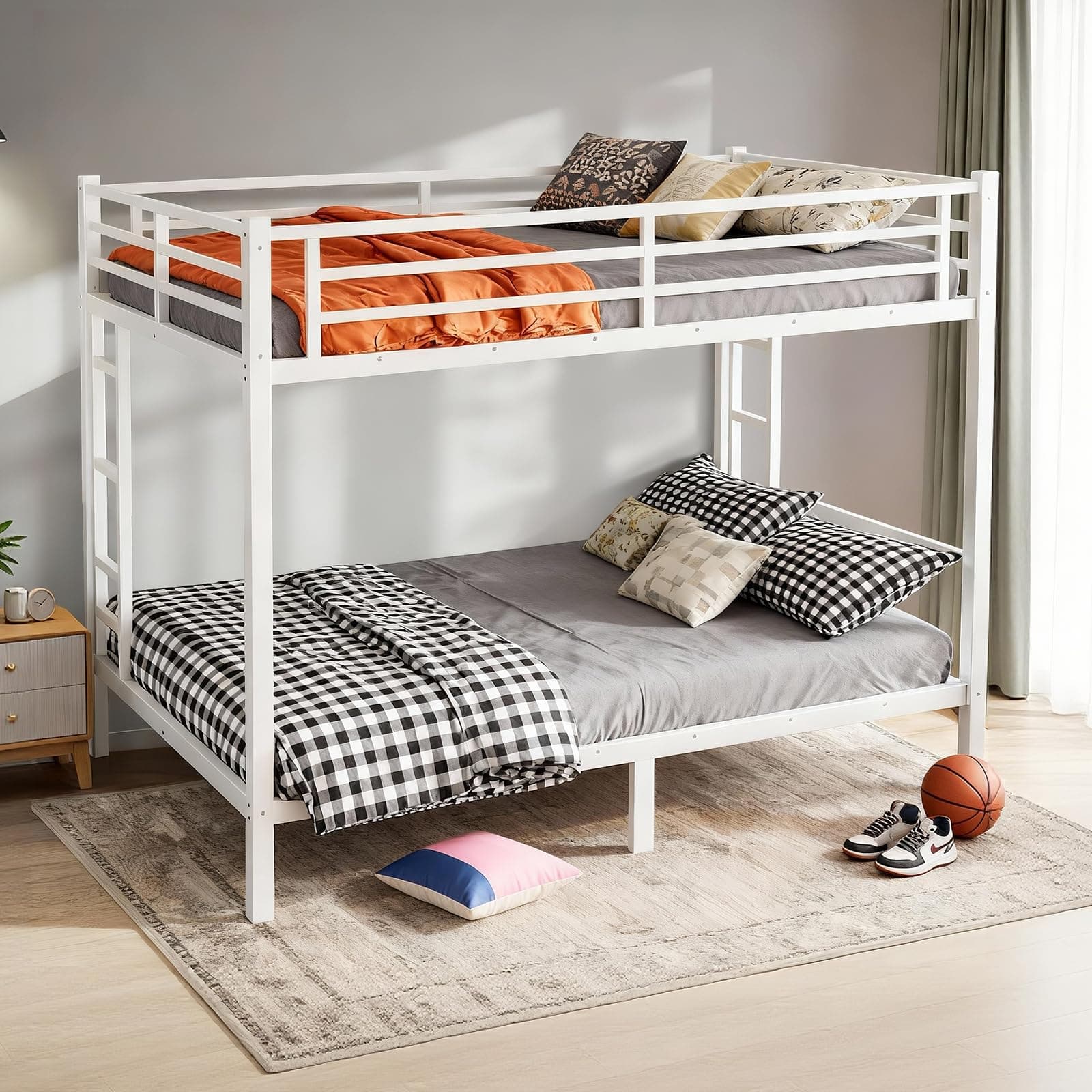 - Queen Over Queen Bunk Bed, Metal Bunk Bed Frame Heavy Duty Bunk Beds Loft Bed Frame with Ladder and Guardrail Metal Slats No Box Spring Required for Adults Teens, White