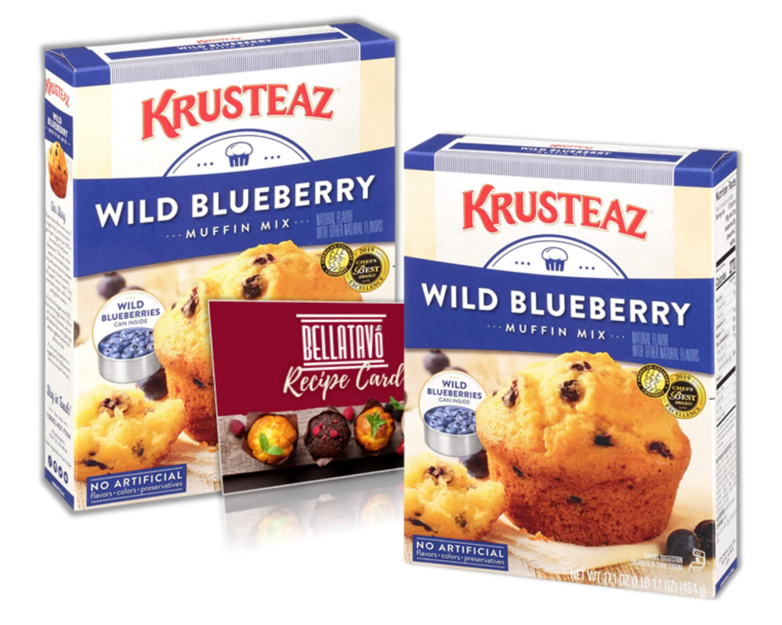 Wild Blueberry Muffin Mix Bundle. Includes Two-17.1 oz Boxes of Naturally Flavored Krusteaz Wild Blueberry Muffin Mix. Each Box of Muffin Mix Makes 12 Muffins! Comes With a BELLATAVO Fridge Magnet!
