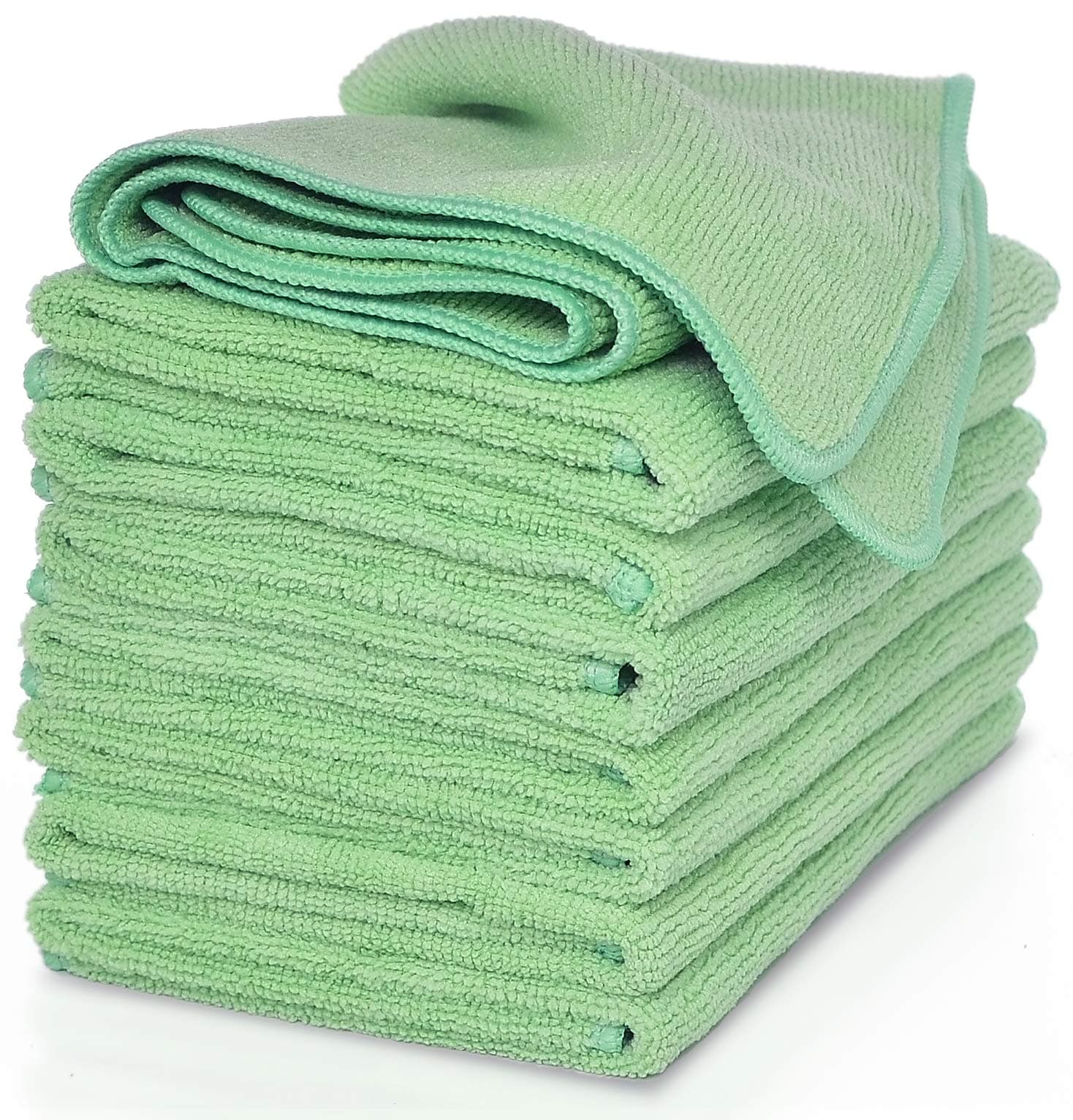 Microfiber Cleaning Cloth, Thick and Large Size 14.2 x 14.2 inches, 8-Pack, Green, Microfiber Cloth, Cars, Glass, Window, Dish Cloths, Machine Washable, Reusable, Lint-Free