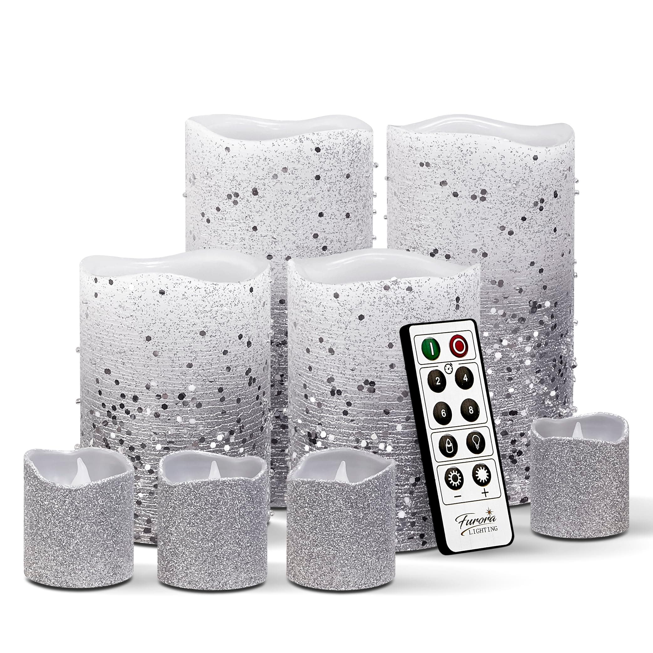 Silver Glitter LED Candles with Remote and Timer, 4 Pillars and 4 Votives Pack of 8, Real Wax Flameless Flickering Candles for Home Décor, Battery Included