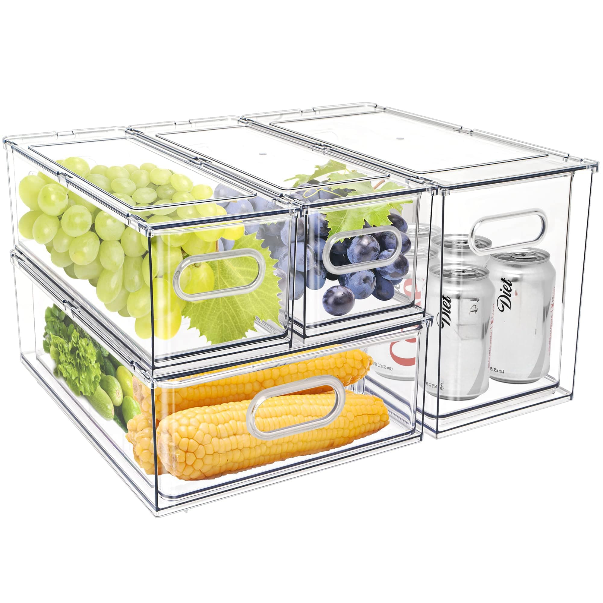 MANO Fridge Drawer Pull Out Stackable Bins with Handle Clear Refrigerator Drawers Organizer Food Storage Container Box with Dividers Plastic Produce Saver for Pantry, Cabinet, Kitchen, Clothes(4Pack)