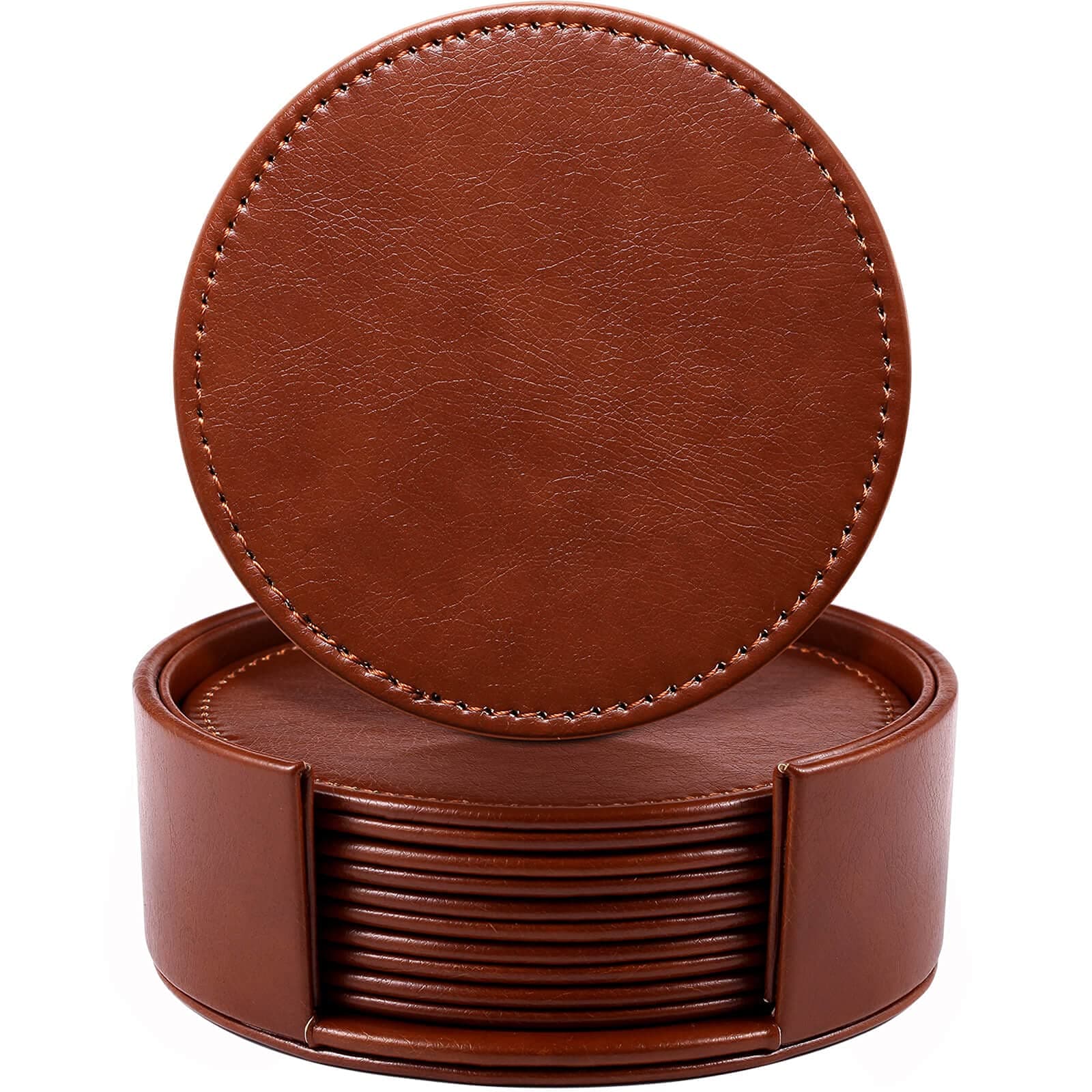 LAMOTI Leather Coasters for Drinks, 4" Drink Coasters Set of 6 with Holder & 1 Microfiber Cleaning Cloth for Wooden Table, Coffee Table & Glass Tabletop, Handcrafted (Brown)