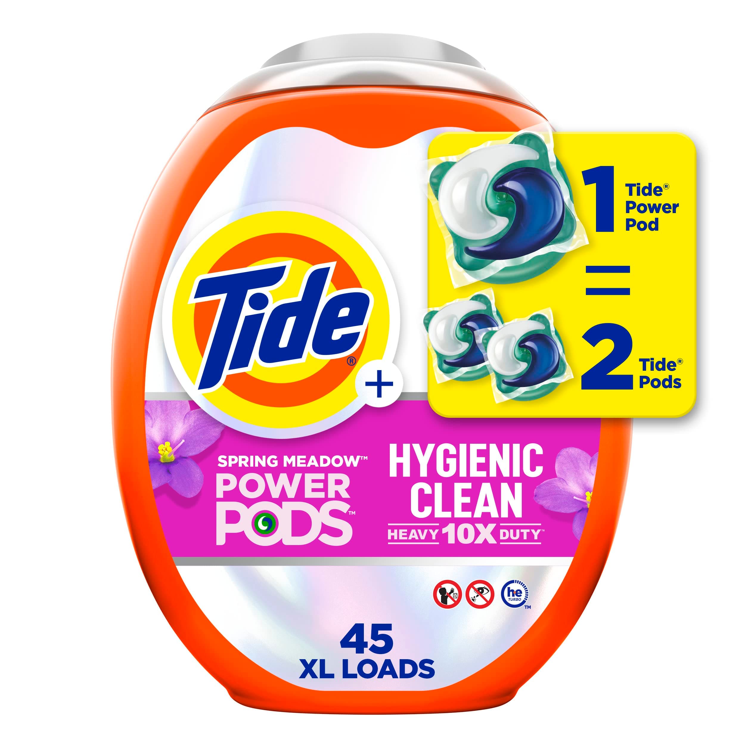 Tide Hygienic Clean Heavy 10x Duty Power PODS Laundry Detergent Pacs, Spring Meadow Scent, 45 Count, For Visible and Invisible Dirt