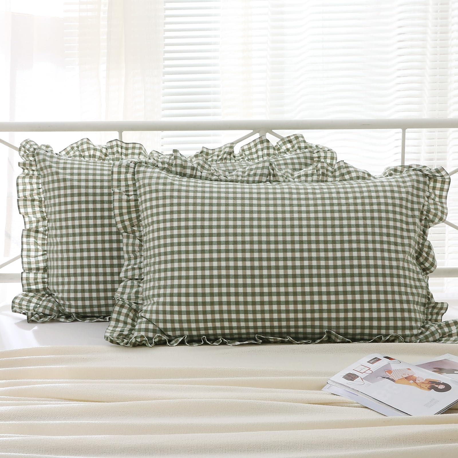 2 Pack Sage Green and White Plaid Ruffle Gingham King Size Pillow Shams 20x36 inches, Washed Cotton Checkered Farmhouse Pillow Covers for Bed/Sofa (20x36 inches, Sage Green/White Plaid)