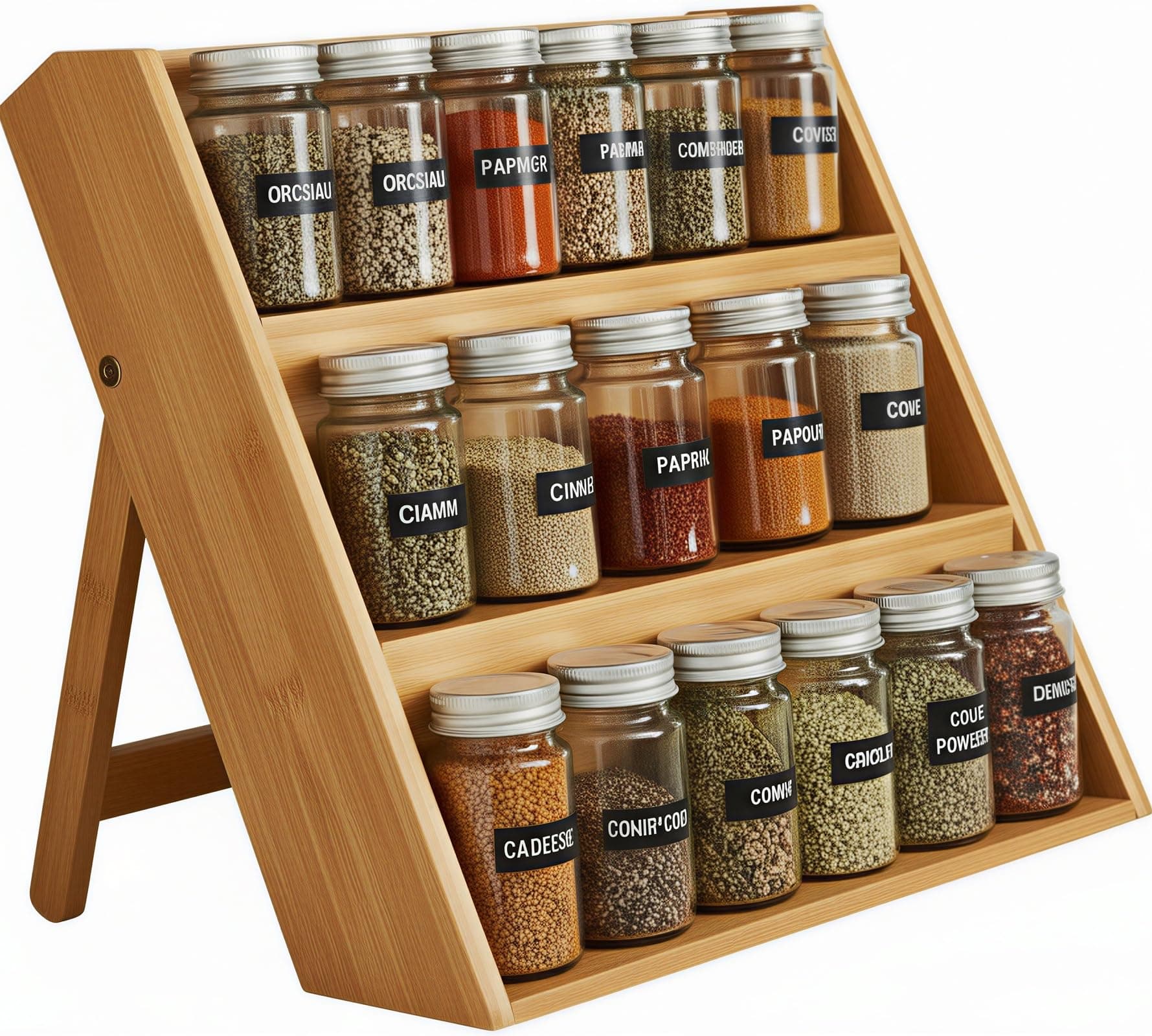 Bamboo Spice Rack Organizer for Kitchen Counter, 3 Tier Foldable Spice Shelf for Cabinet or Drawer (Jars Not Included)