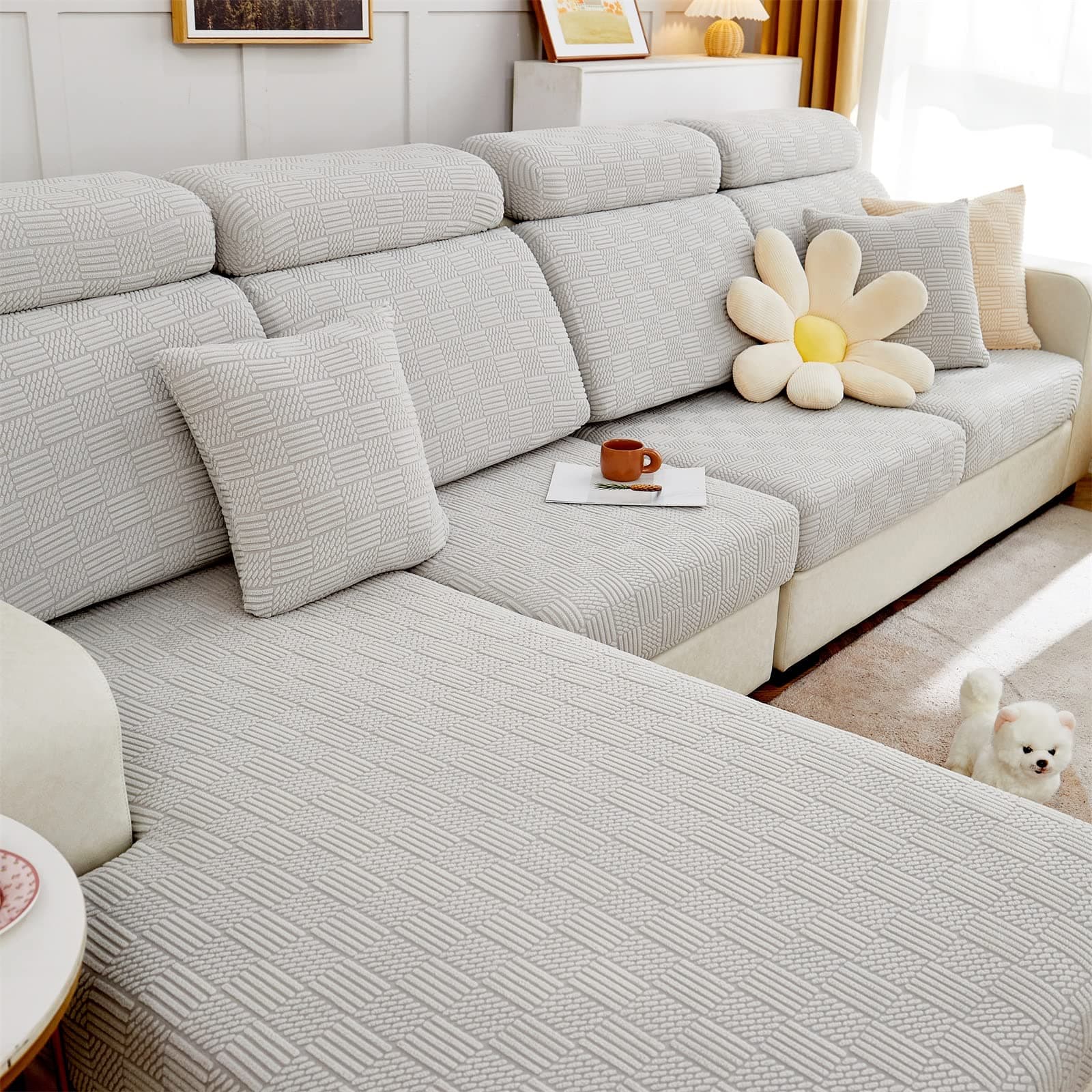 ele ELEOPTION Couch Back Cushion Covers Elastic L Shape Sectional Sofa Cover Furniture Protector Slipcover for Living Room (Length 31-39inch Width 20-25inch，M Back Cover) Grey White
