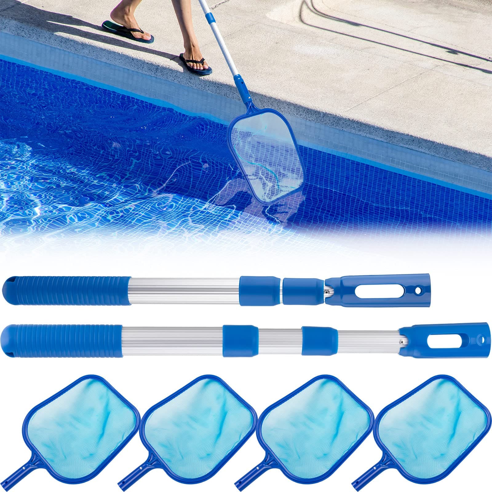 Woanger 4 Pack Pool Skimmer Net Pool Nets for Cleaning Fine Mesh Pool Leaf Net Hot Tub Skimmer and 2 Pcs Adjustable Telescopic 3 Section Poles for Above Ground Ponds Hot Tub Fish Tank Cleaning Debris