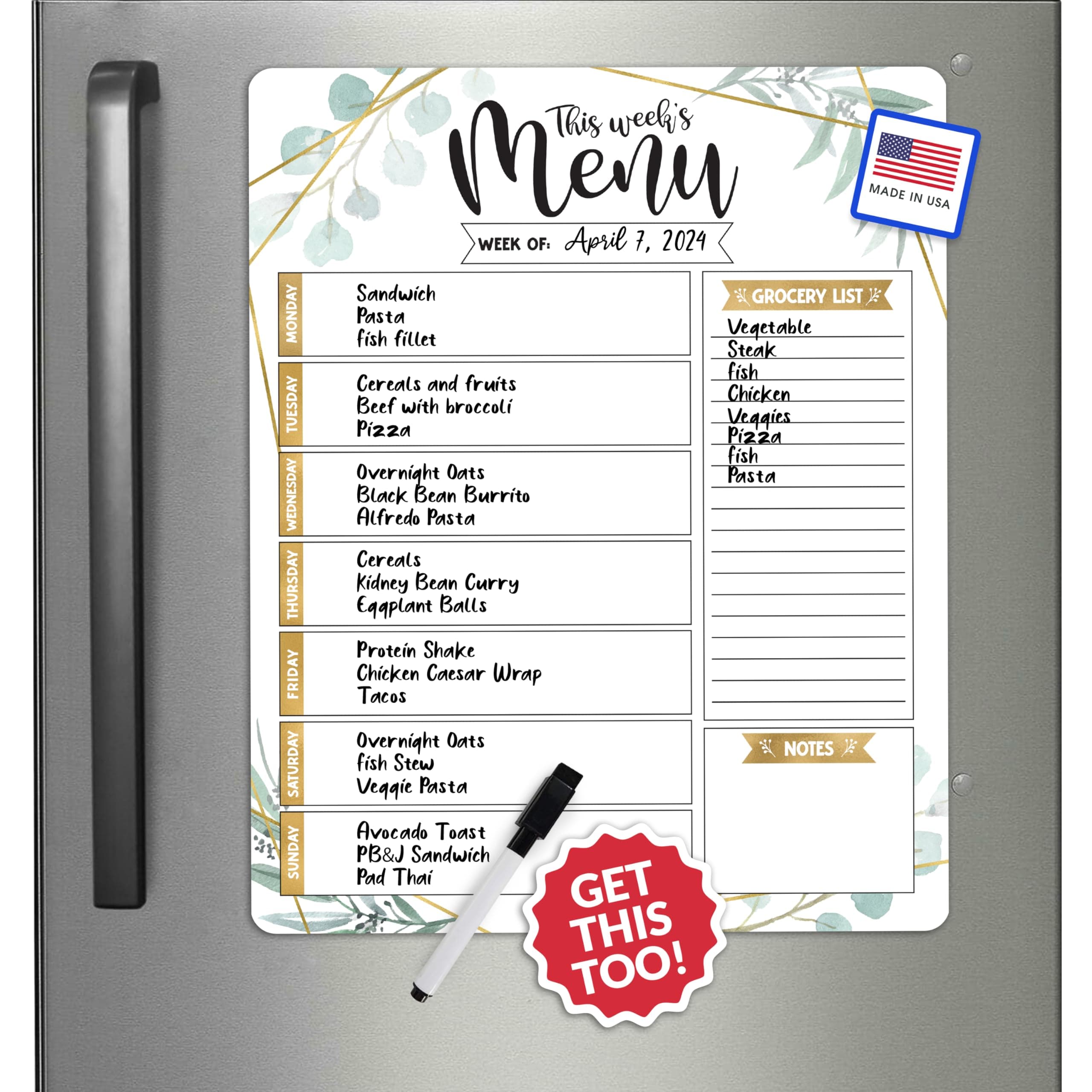 Hadley Designs Greenery Weekly Dinner Menu Board For Kitchen-Magnetic Meal Planner For Refrigerator, Weekly Menu Board Meal Planner, Dry Erase Board