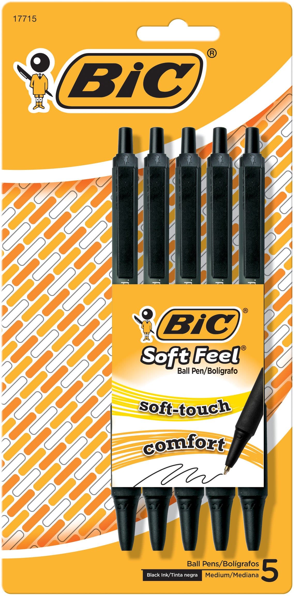 BIC Soft Feel Black Retractable Ballpoint Pens, Medium Point (1.0mm), 5-Count Pack, Black Pens With Soft-Touch Comfort Grip