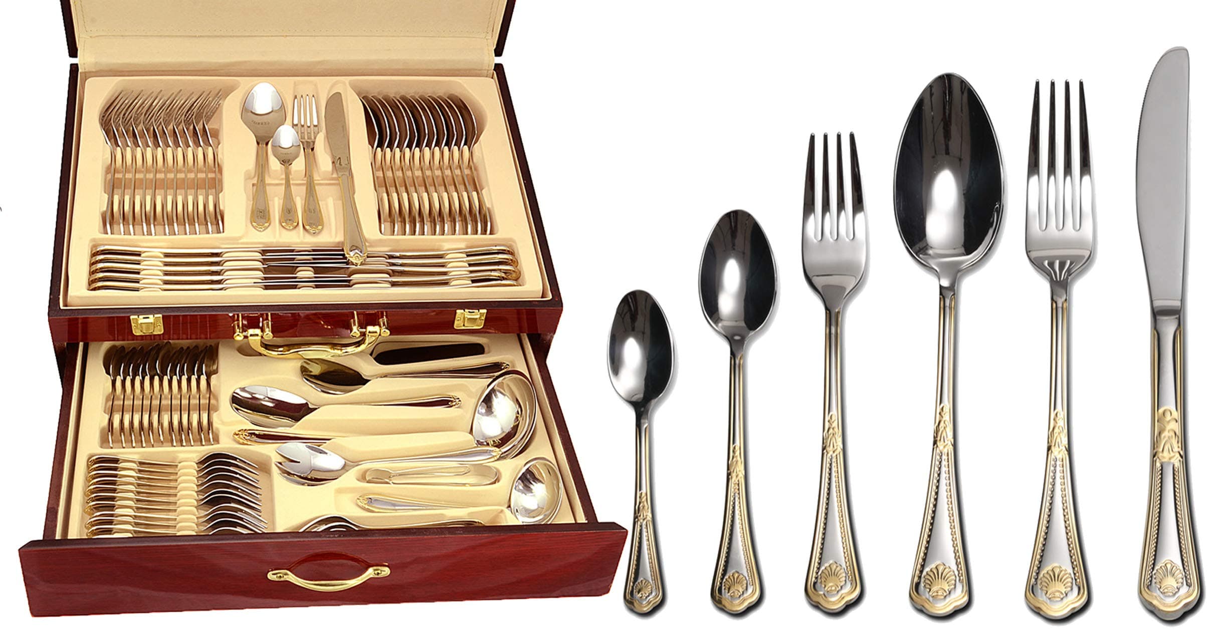 75-Piece Gold Flatware Set Dining Service for 12 - Premium 18/10 Stainless Steel - 24K Gold Plated Trim - Silverware Serving Set Lightweight - Wood Flatware Box - Dishwasher Safe (Miami)