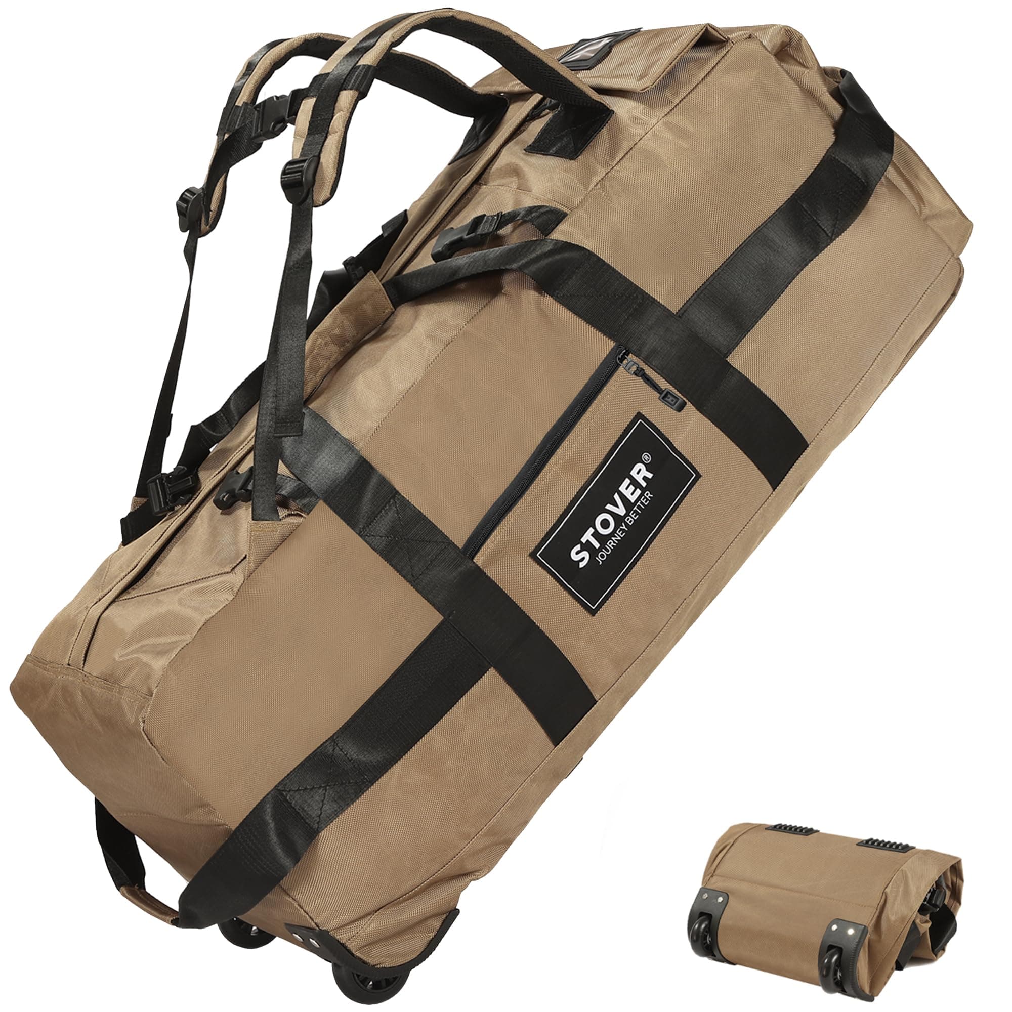 STOVER 80L Rolling Duffel Bag with Wheels, Extra Large 31 Inch Durable Travel Duffle Bag- Rugged, Collapsible, Rollable Design w/Shoulder Straps- Use as Luggage or Backpack for Men/Women, Tan, 80L