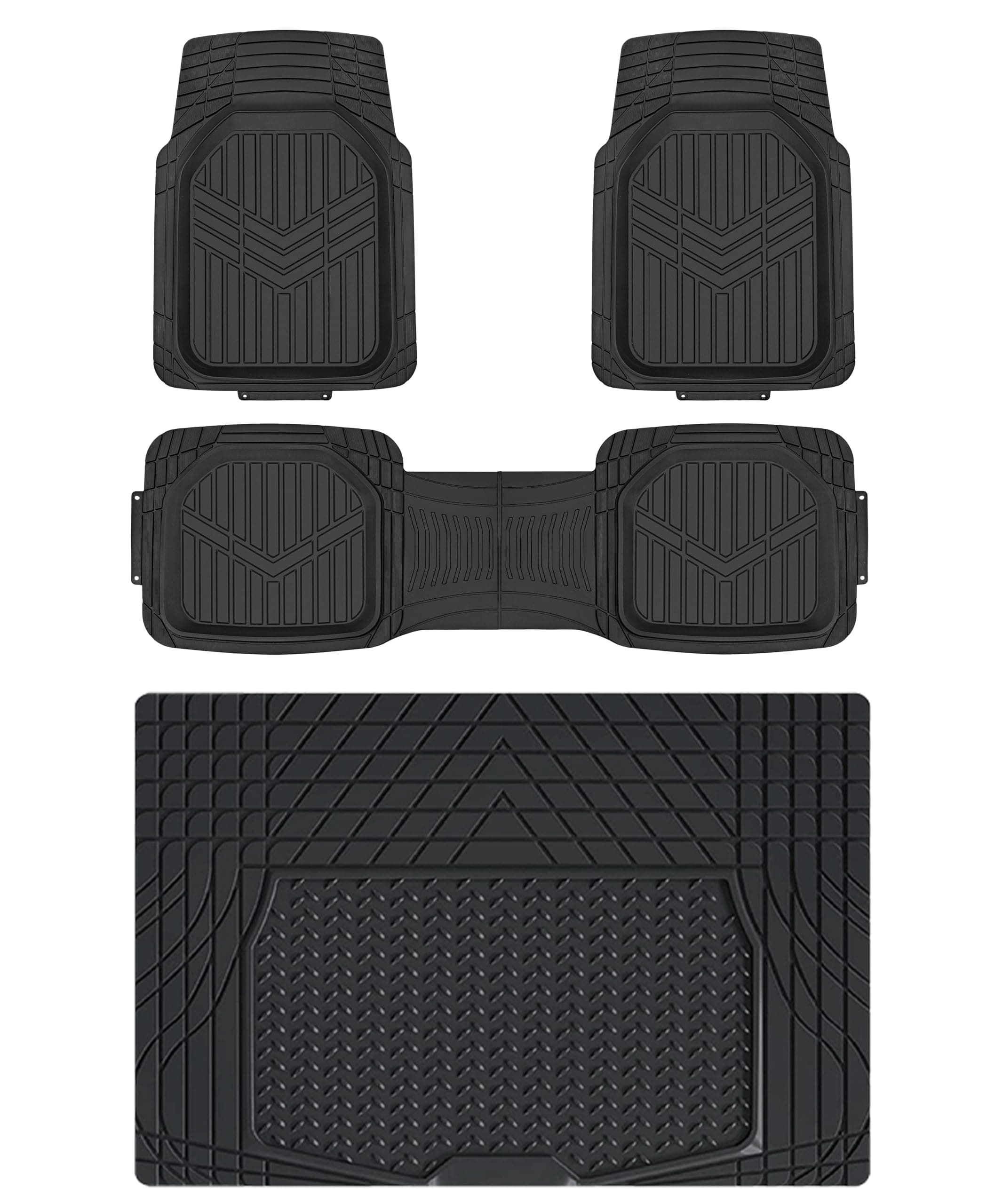 Amazon Basics Deep Dish Universal Heavy Duty PVC Floor Mats Set 4 piece with Cargo Liner, All-Weather Protection waterproof Trim To Fit for Cars, Automotive, SUVs, Sedan, Trucks, Black