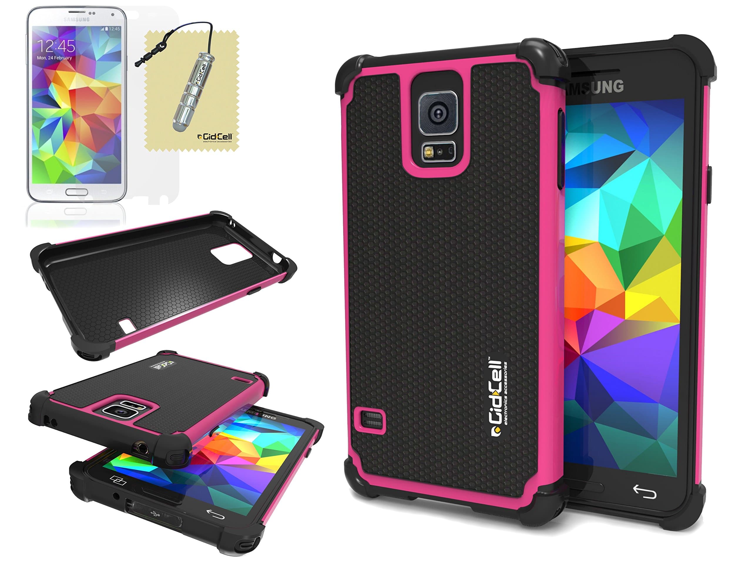 Galaxy S5 Case, Cover - Double Armor Two Layer Hybrid With Soft Silicone Rubber Inside And Detachable Hard Polycarbonate (PC) Plastic Outside Shell, Shockproof, Heavy Duty, Low Profile, Attractive Appearance, by GidCell - [Includes: 1 Case, 1 Screen Protector, 1 Stylus Pen, 1 Cleaning Cloth] – [Hot Pink]