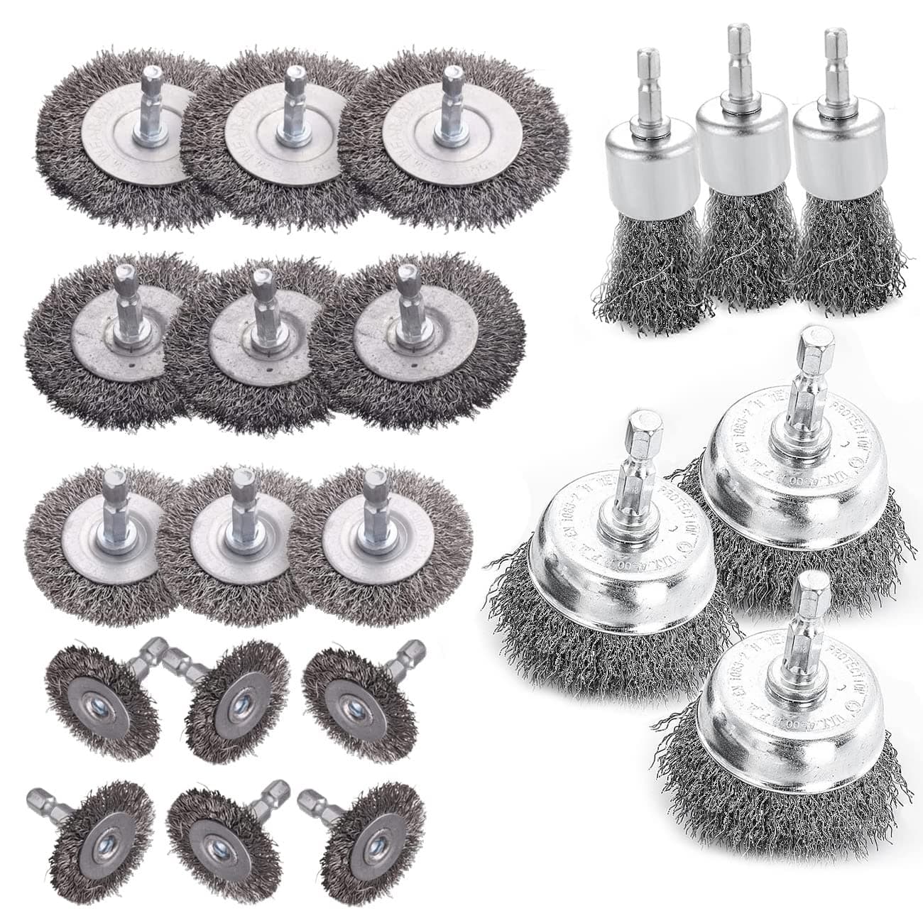 Double Elite Wire Brush for Drill Set 21 Pcs, Abrasive Wire Wheel for Drill 1/4 Inch Hex Shank, Wire Cup Brush for Drill, Drill Wire Brush Coarse Crimped Carbon Steel, Wire Brush Drill Attachments