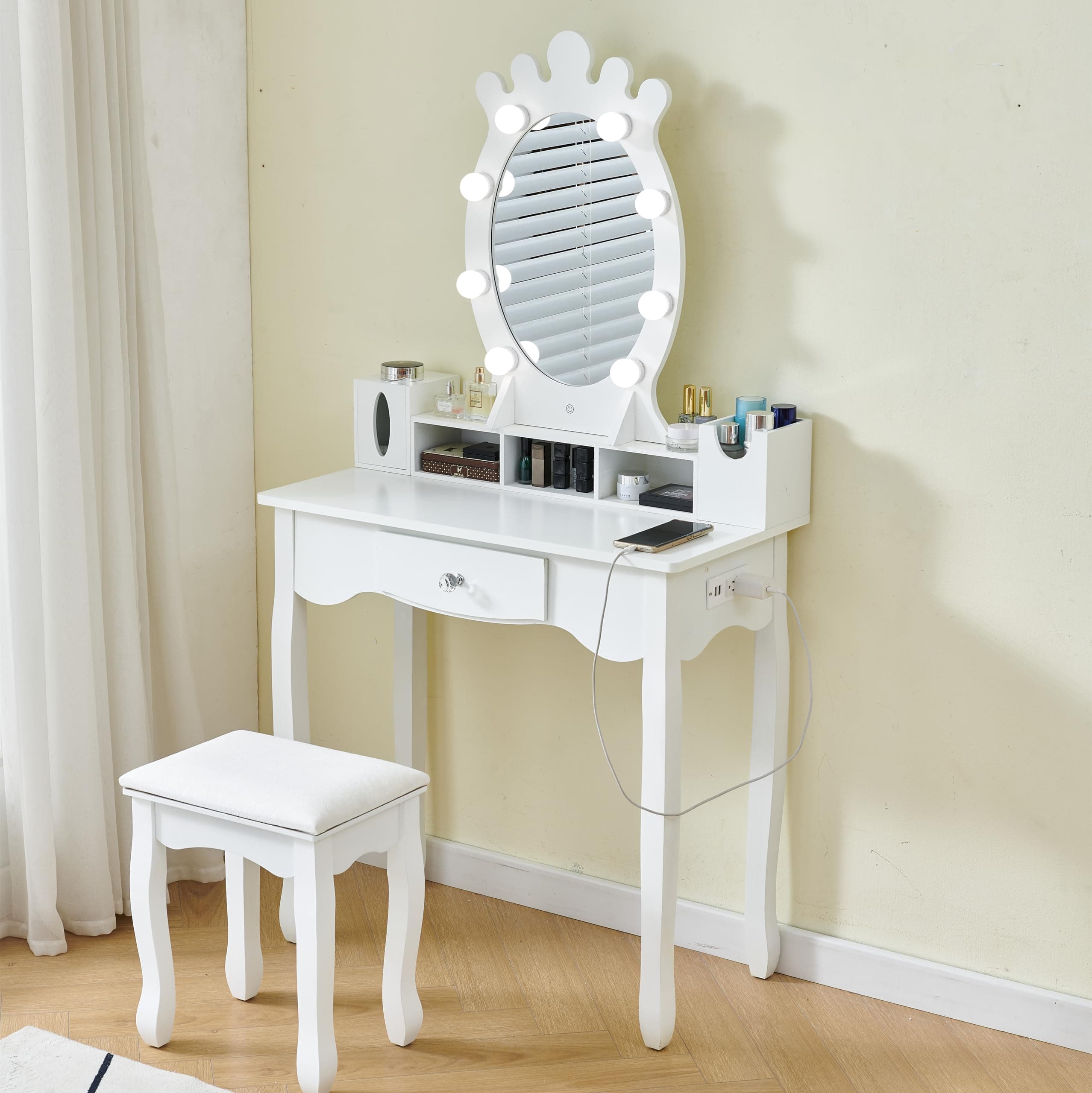 nozama Makeup Vanity Dressing Table with Stool,Voice&Touch Control,Lighted Mirror,Charging Station,LED Light,Drawers,Storage Space for Women Girls Teenager Girlfriend, White (Light Bulb B)