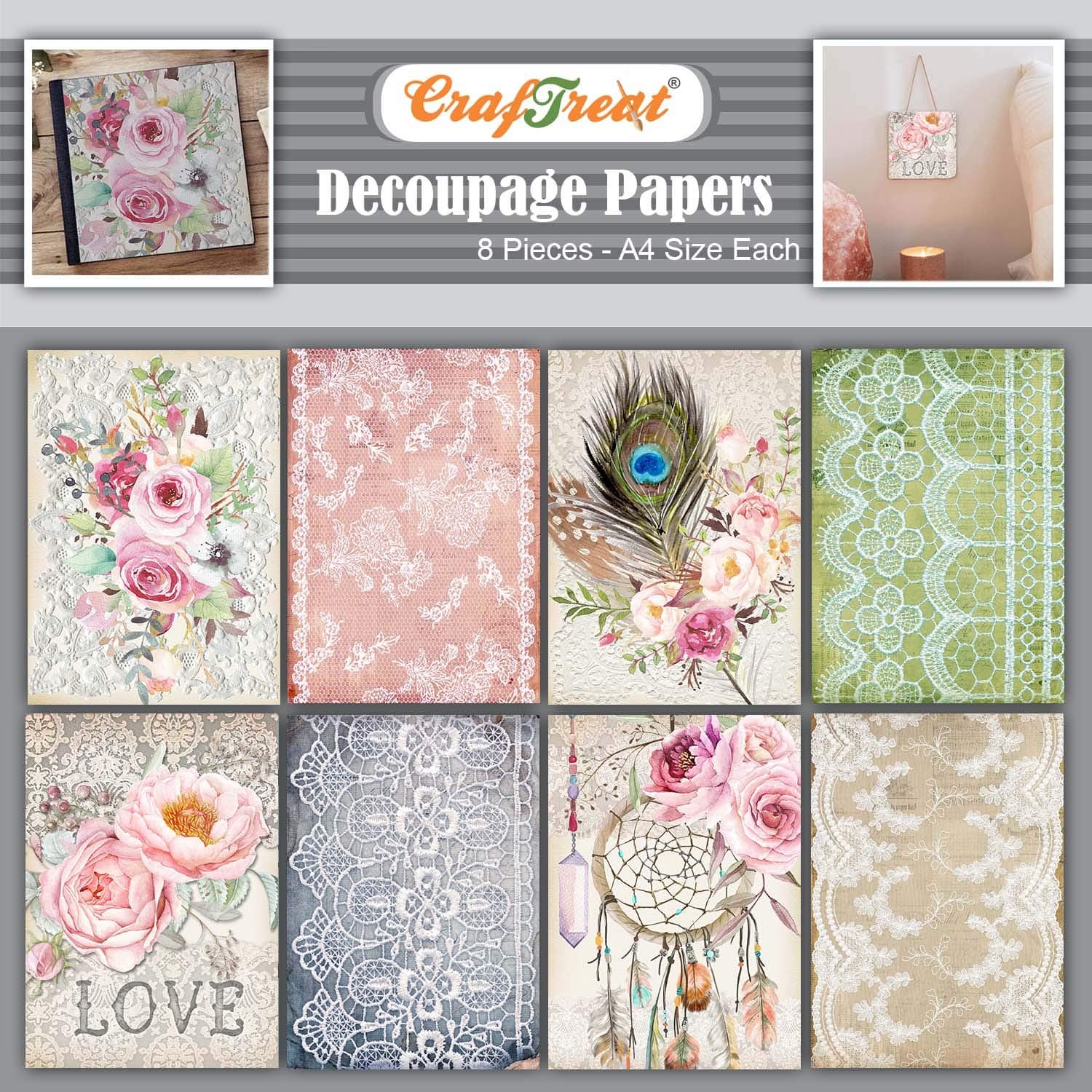CrafTreat Boho Decoupage Paper A4 (8.3 x 11.7 Inch) – 8 Sheets Bohemian Printed Craft Paper for Furniture, Scrapbooking, Collage & DIY Home Décor
