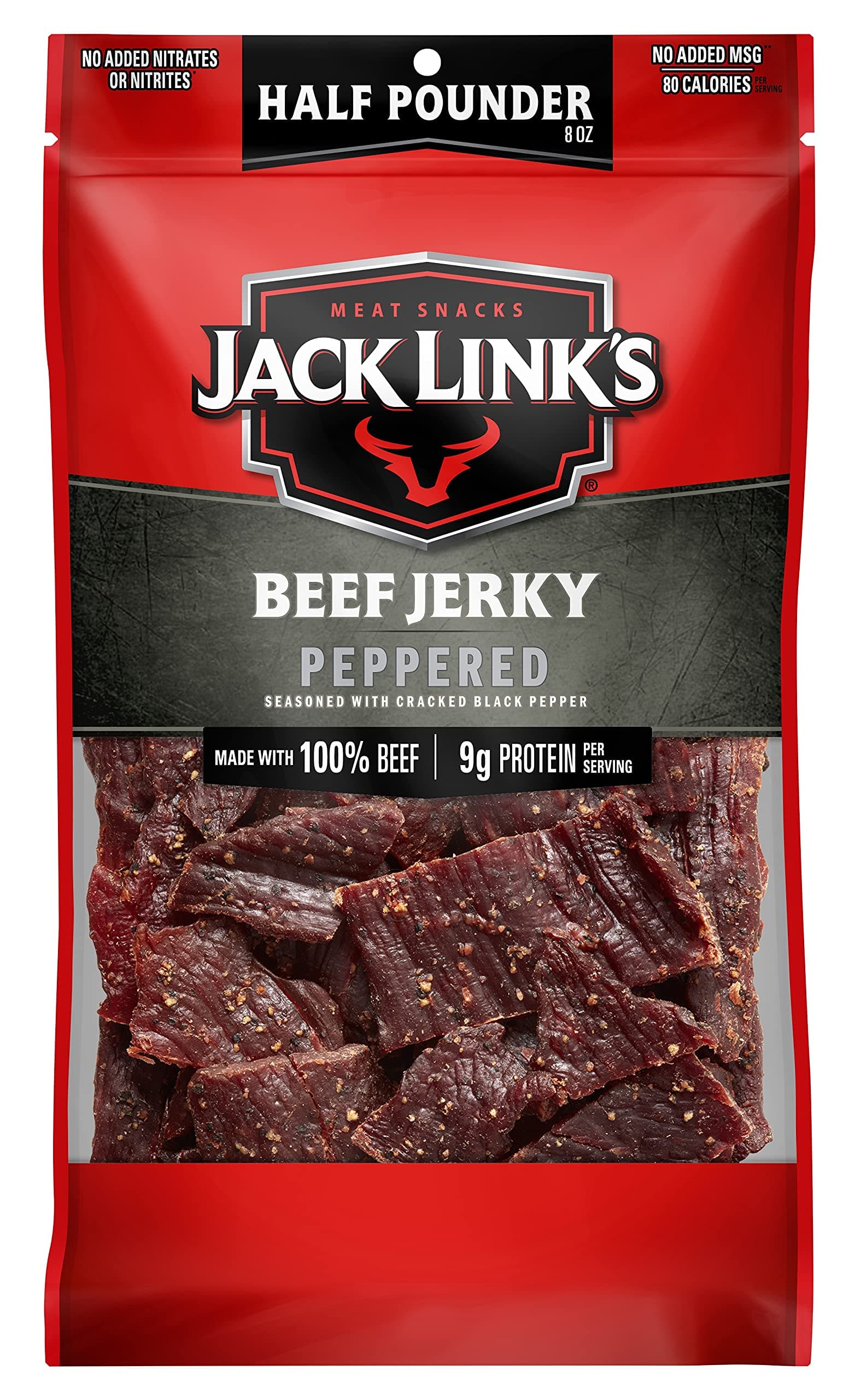 Beef Jerky, Peppered, Half Pounder Large Jerky Bag - Flavorful Meat Snack, Ready to Eat Protein Snacks with 9g of Protein per Serving, Made with 100% Beef