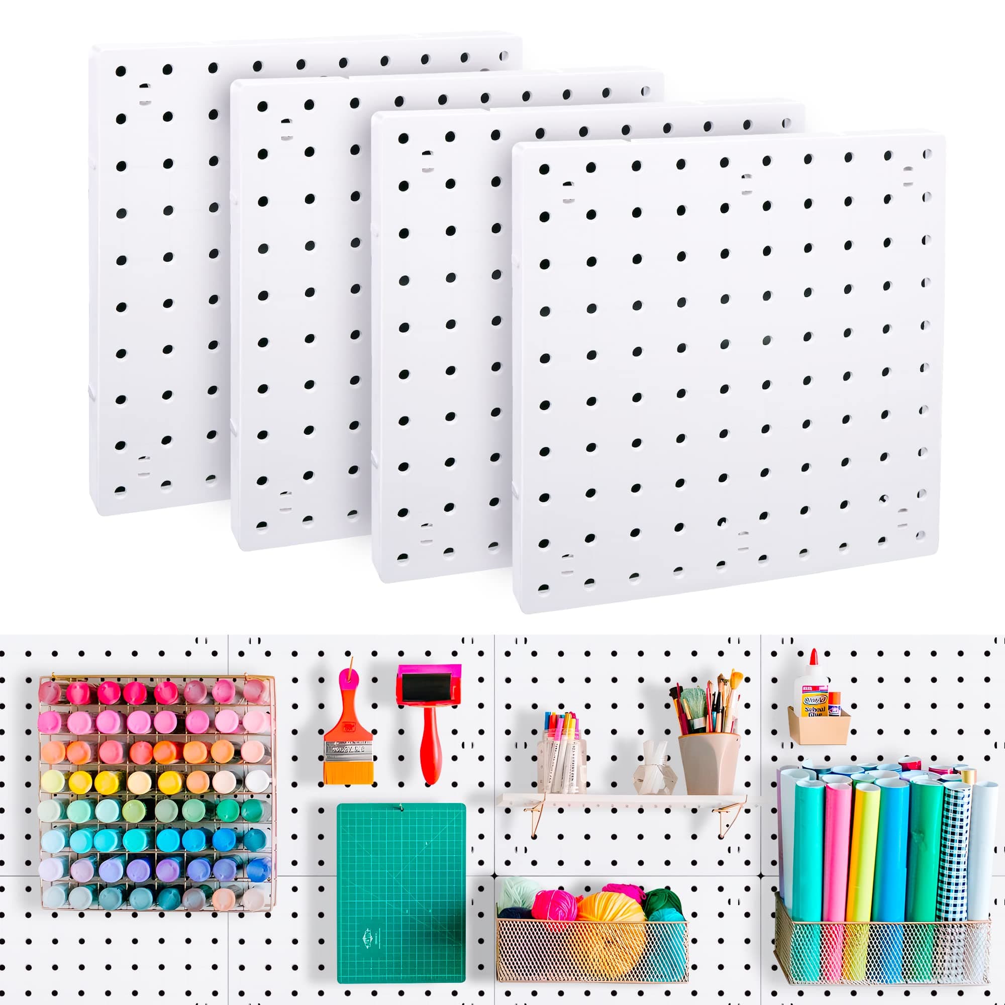 4Pcs Peg Board, Pegboard Wall Organizer Panels, White Pegboard Wall Mount, ABS Pegboard for Craft Room Garage Kitchen Workshop, ABS Peg Boards Easy Installation (White)