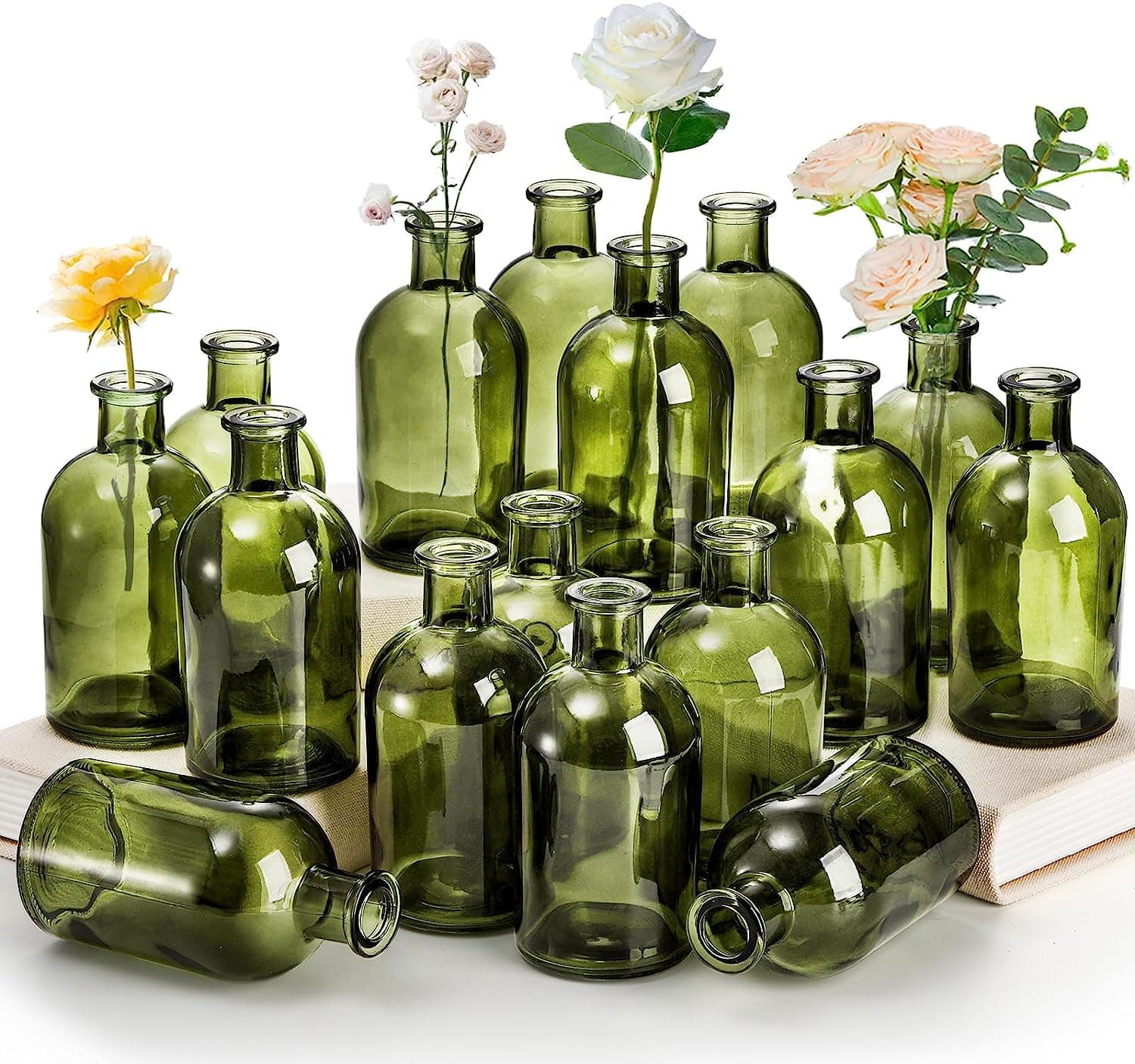 YOUEON 16 Pack Small Living Bud Vases 250ml Green Glass Vase Decorative Bottles Vintage Flower Bottle Centerpiece for Wedding Reception Home Decor Office Vintage Look