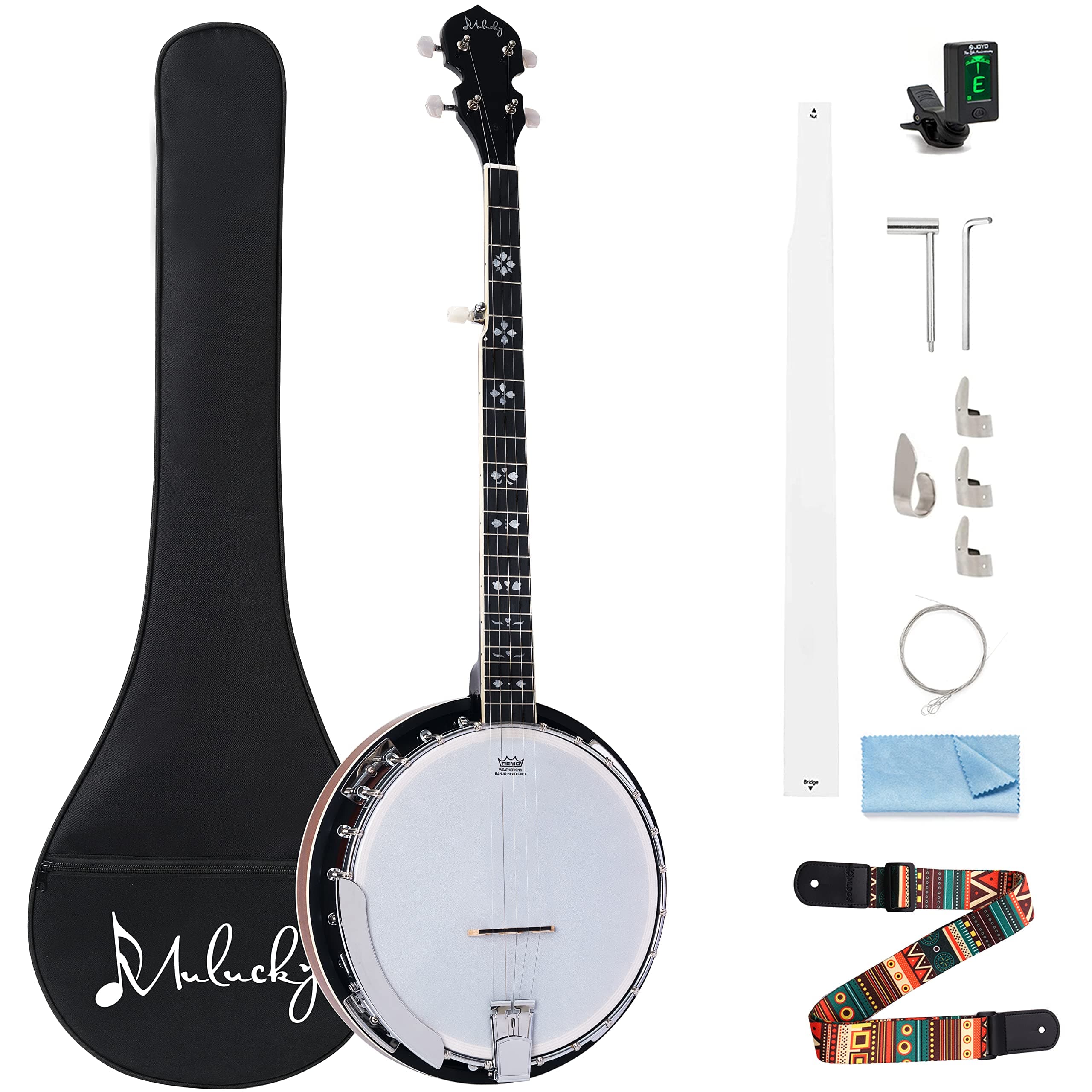 Mulucky 5 String Banjo - Large Size with 24 Brackets with Remo Head, Closed Solid Wood Back, Resonator Banjos, Geared 5th Tuner, Package with Beginner Kit - B1101