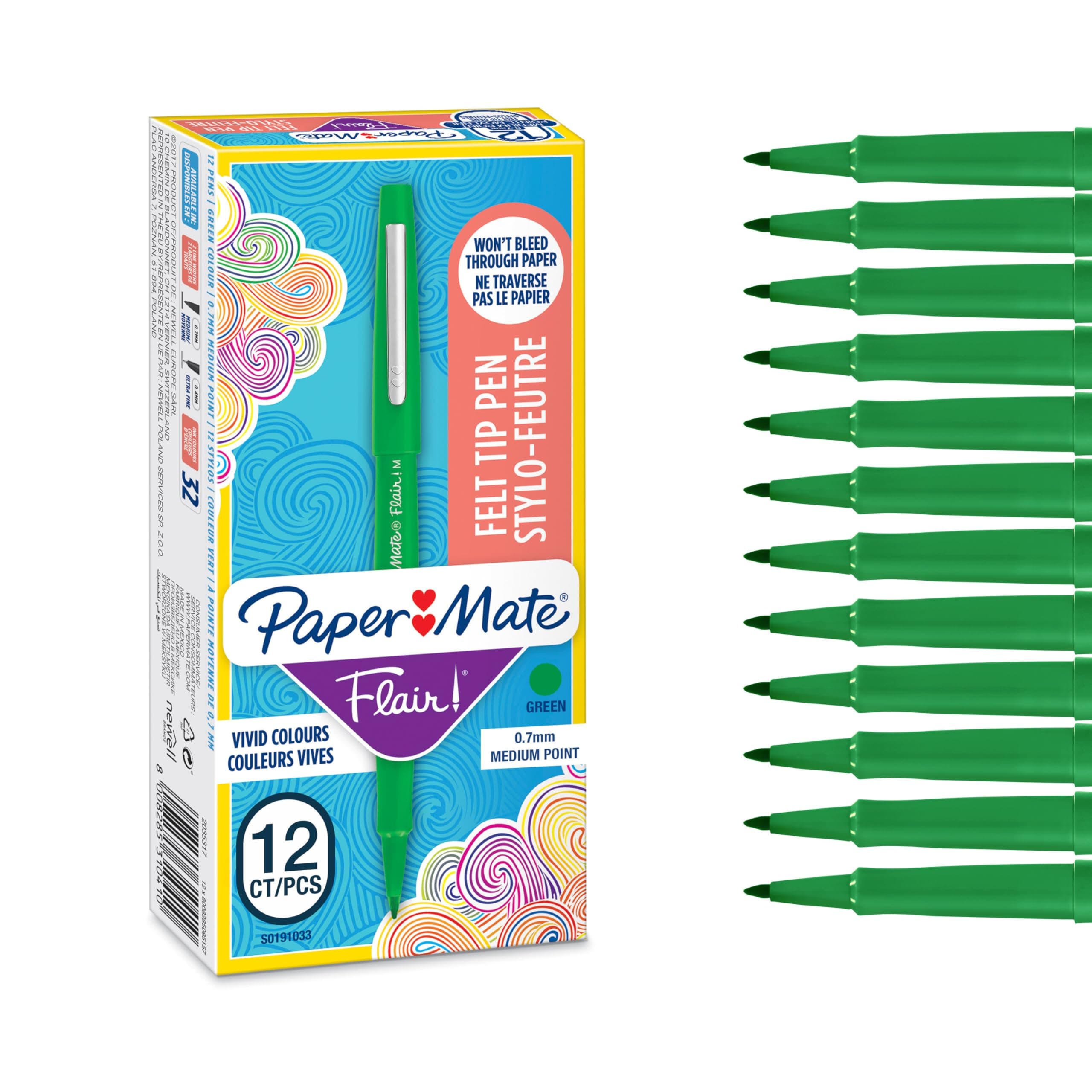 Paper Mate Flair Felt Tip Pens | Medium Point (0.7 mm) Marker Pens | Green Pens | for Writing, Marking, Drawing & Sketching | 12 Count