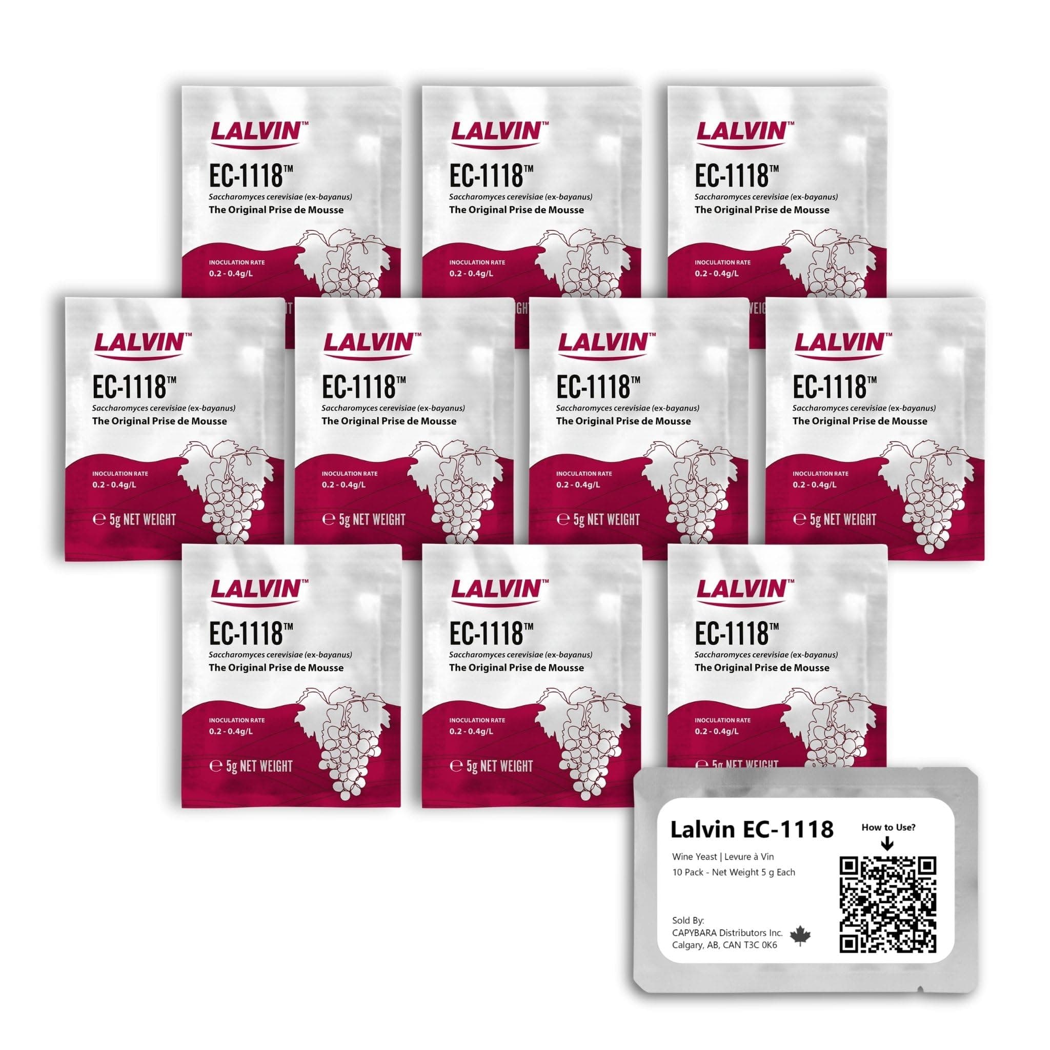 Lalvin EC-1118 Wine Yeast (10 Pack) - Champagne Yeast - Make Wine Cider Mead Kombucha At Home - 5 g Sachets - Saccharomyces cerevisiae - Sold by CAPYBARA Distributors Inc.