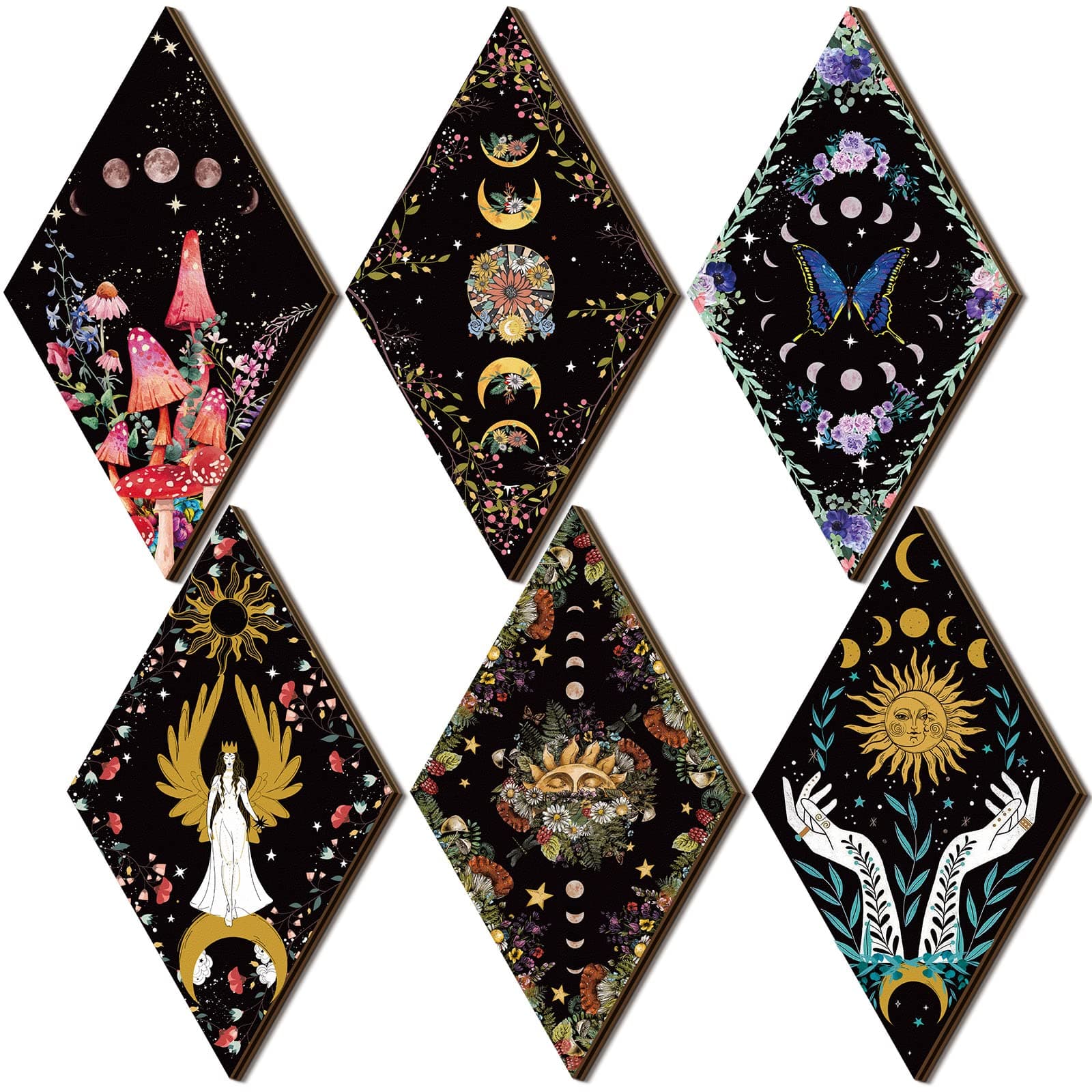 Qunclay6 Pcs Rustic Boho Wall Decor Gothic Wall Art Witchy Phases Moon Sun Home Decor Wooden Farmhouse Hanging Halloween Christmas Decoration(Classic Style)